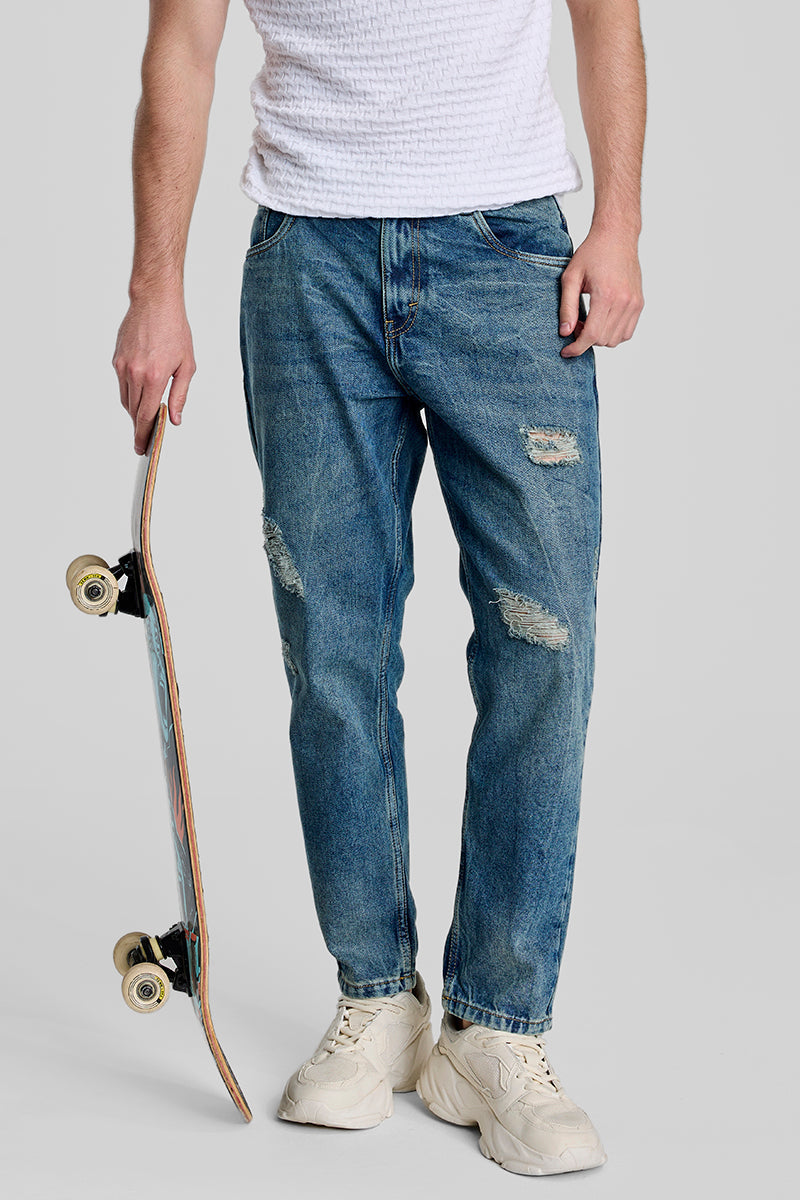 SNITCH Denim Blue Distressed Baggy Fit Jeans