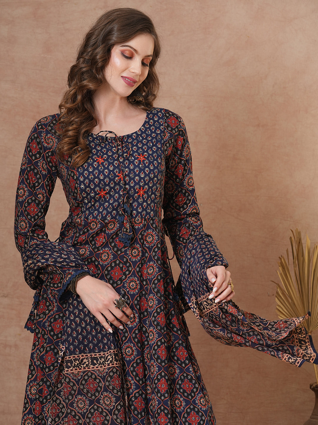 FASHOR Ethnic Floral Printed & Embroidered Anarkali Kurta with Pant & Dupatta - Blue - view 2