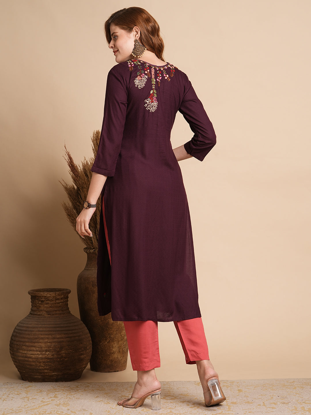 FASHOR Ethnic Woven & Floral Hand Embroidered Straight Fit Kurta - Burgundy - view 6