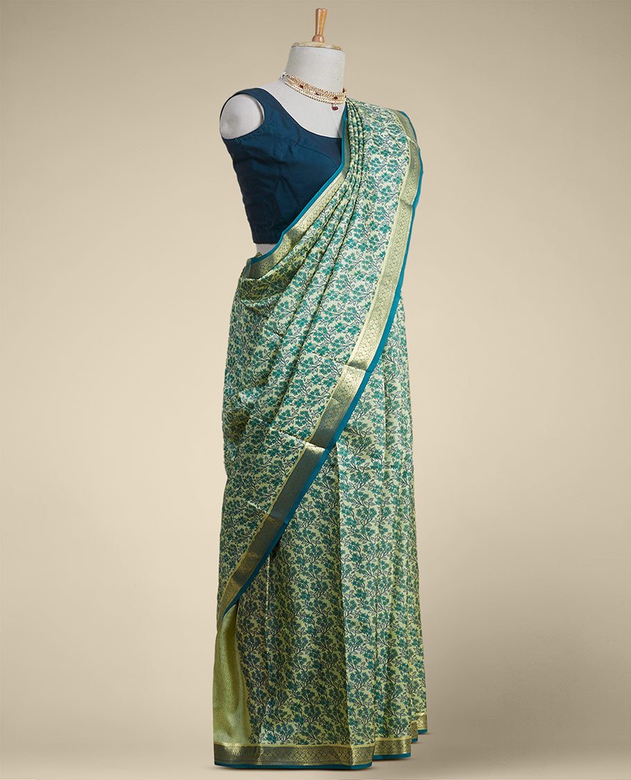 Pothys Green floral printed silk saree with contrast zari border - view 2