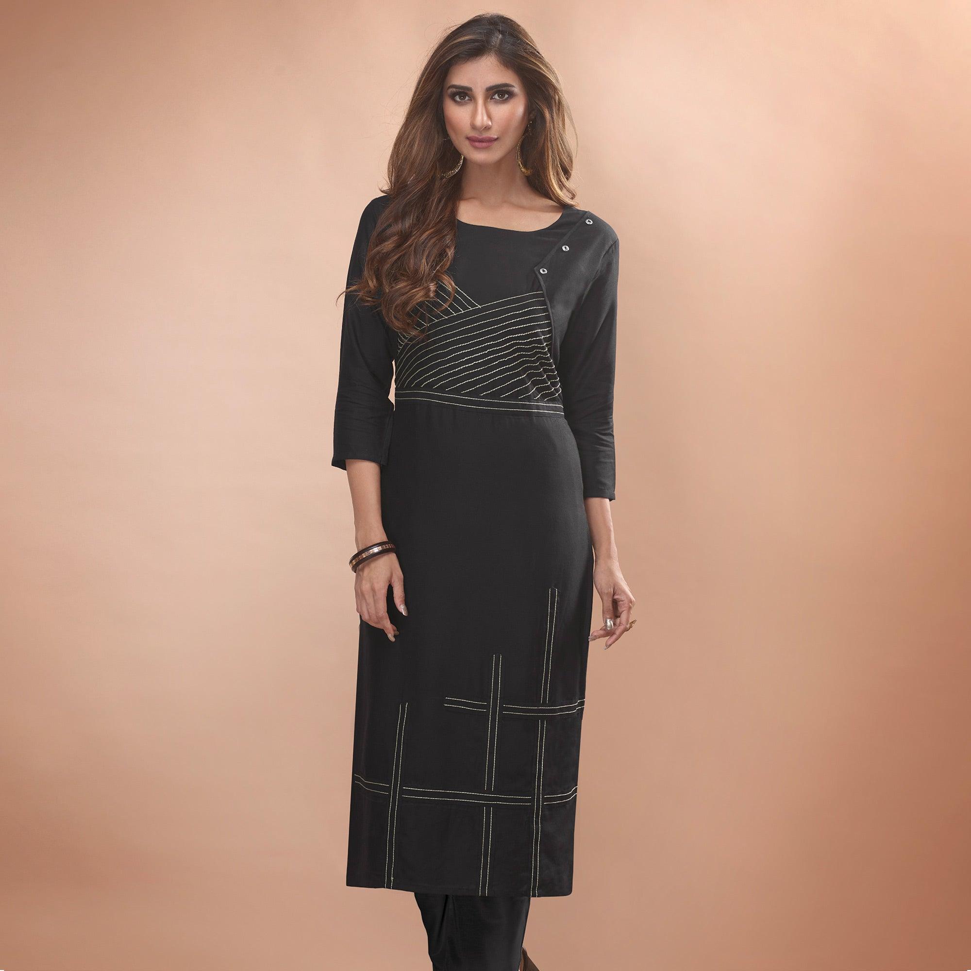 Peachmode Seller Engrossing Black Colored Partywear Embroidered Viscose Kurti