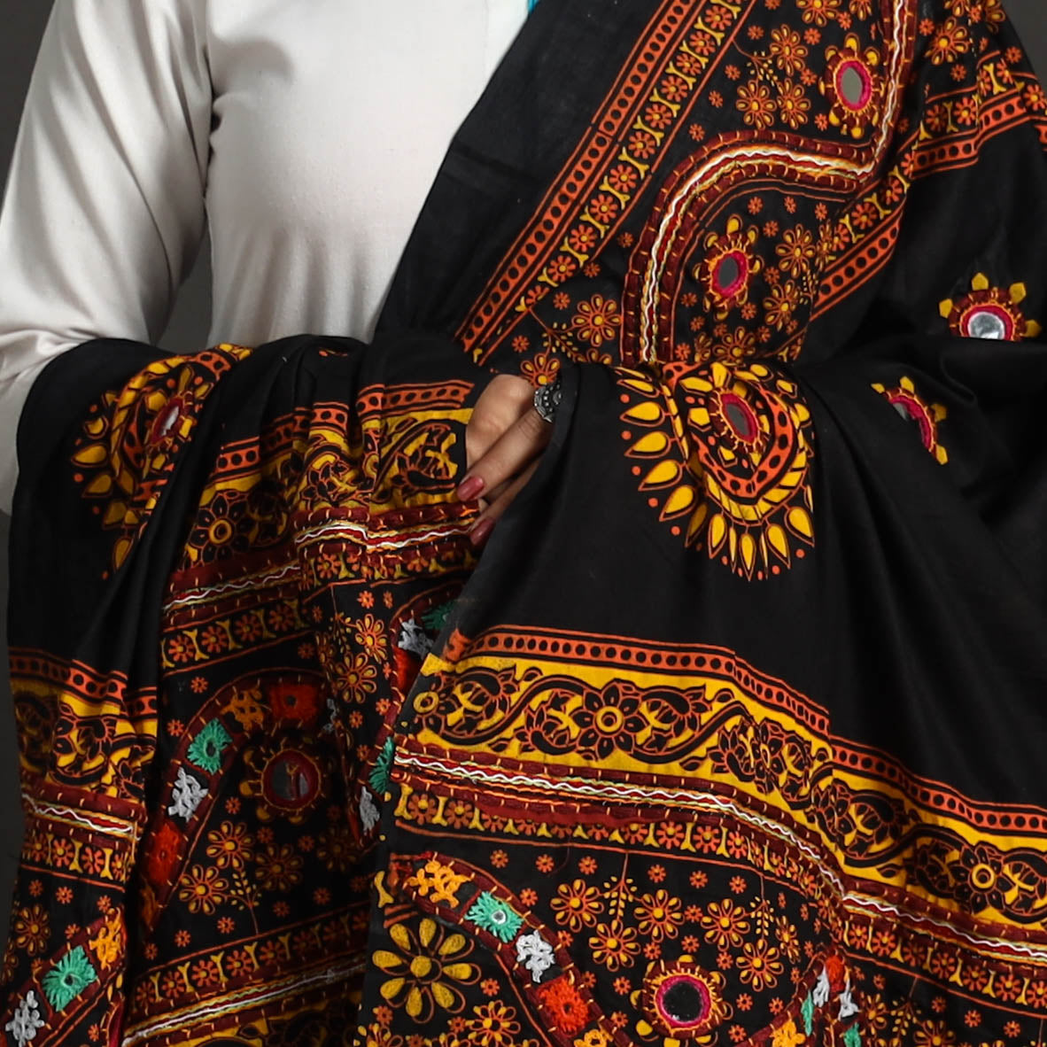 KACHCHH JI CHHAAP Black - Mirror Work Printed Cotton Kutch Embroidery Dupatta 01 - view 4