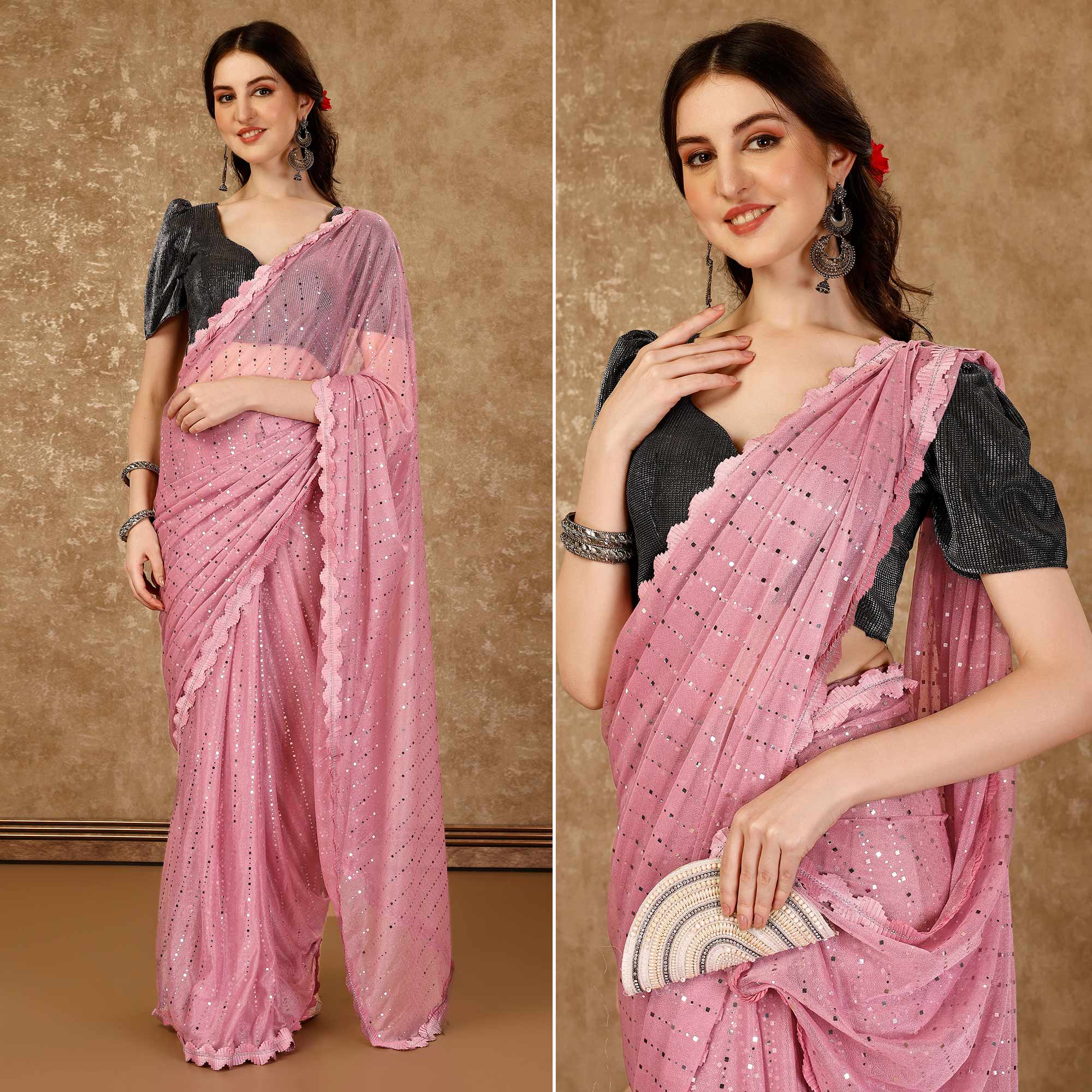 Peachmode Seller Light Pink Tikali With Swarovski Work Lycra Ready To Wear Saree