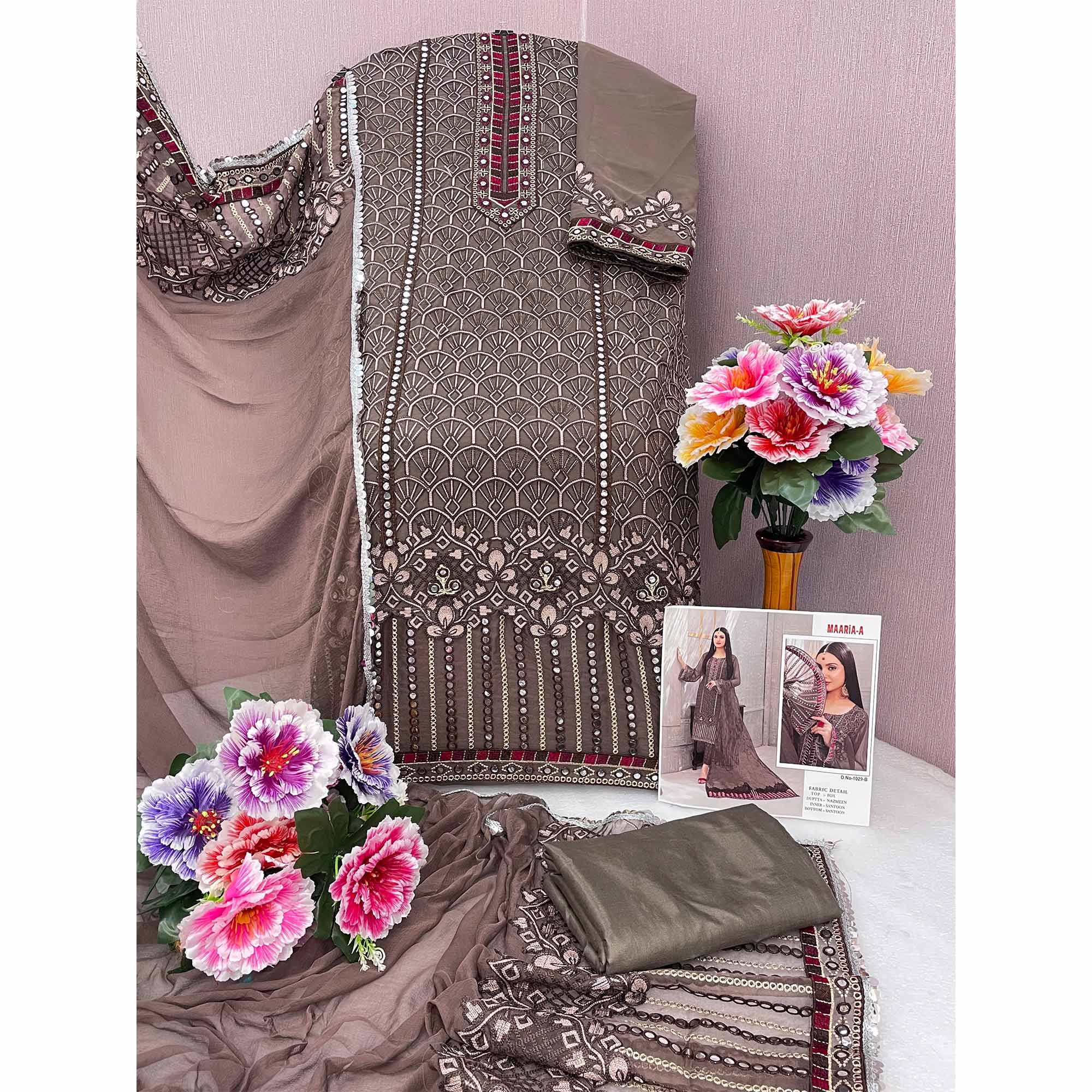 Peachmode Brown Embroidered Georgette Semi Stitched Pakistani Suit - view 4