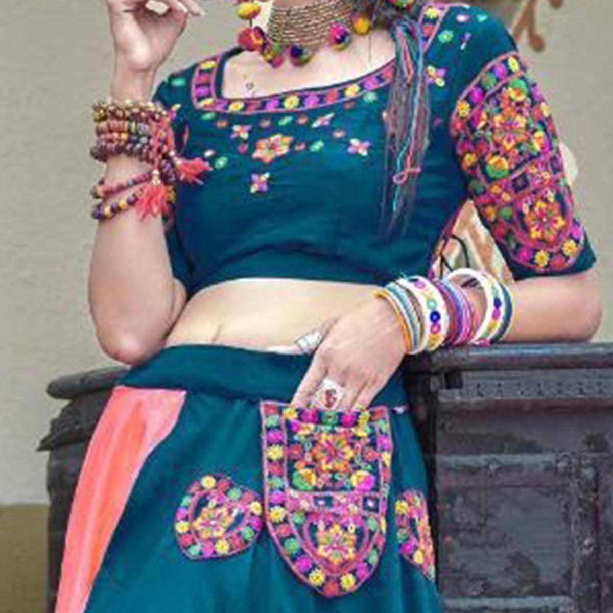Peachmode Classy Teal Blue Colored Party Wear Embroidered Soft Cotton Navratri Lehenga Choli - view 2