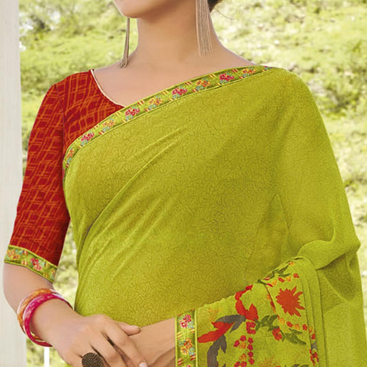 Peachmode Light Green Partywear Printed Georgette Saree - view 2