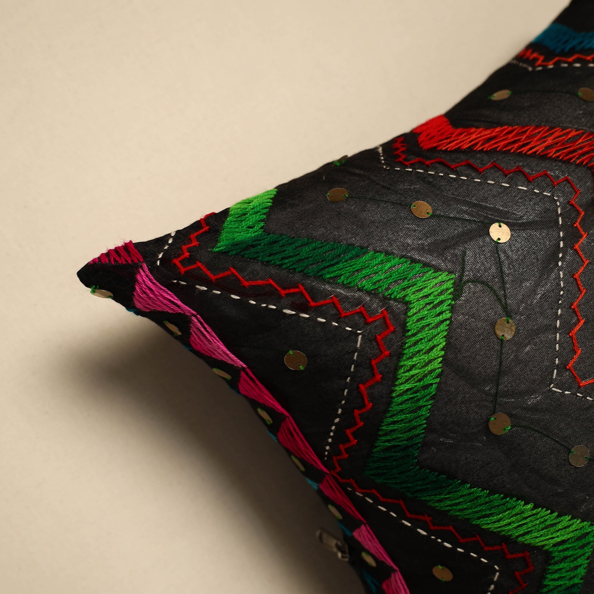 JALPARI Black - Silk Cotton Phulkari Embroidered Cushion Cover 04 - view 2