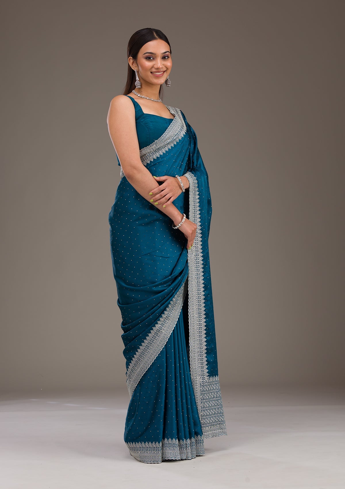 Koskii Peacock Blue Stonework Satin Saree – Women's - view 4