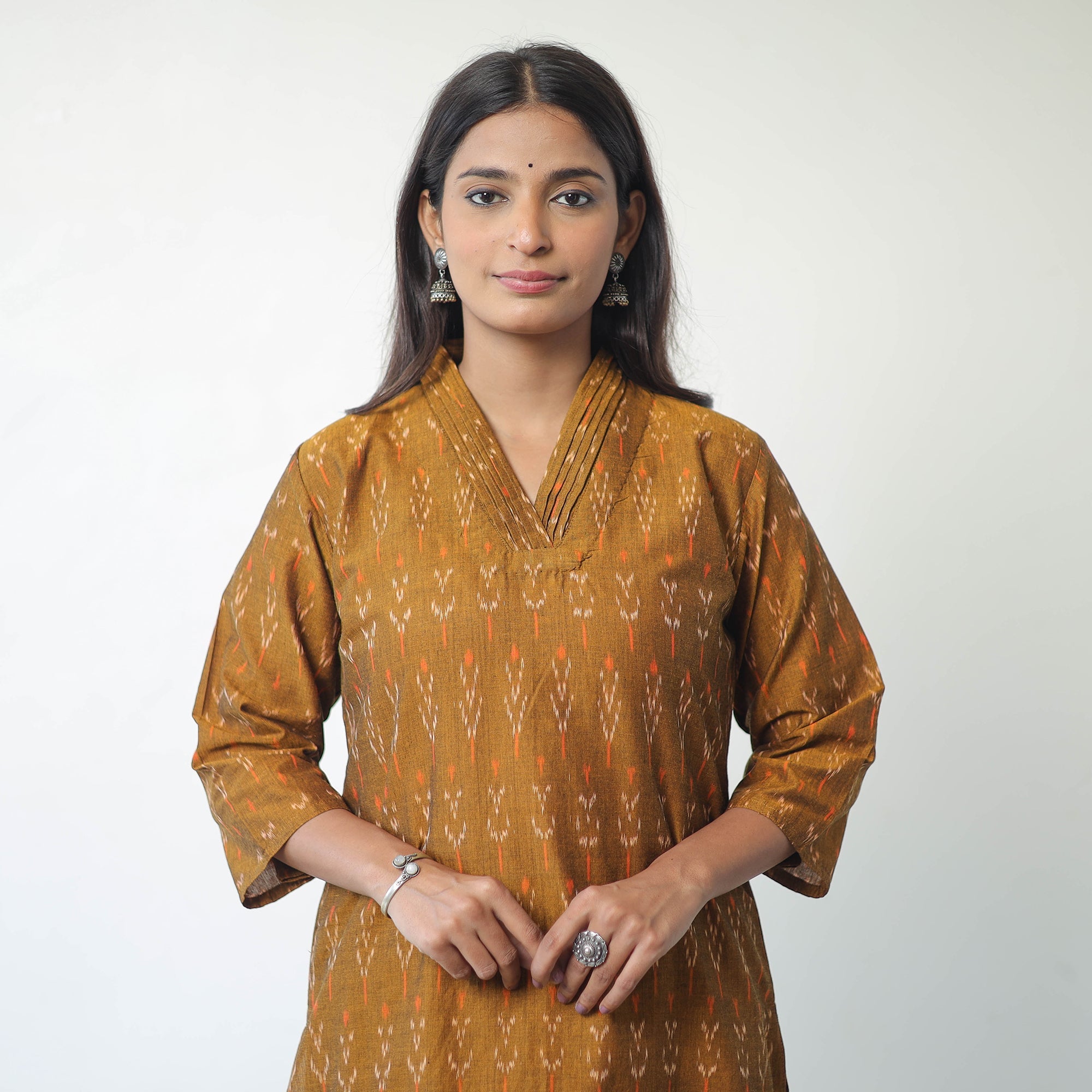 ITOKRI CASUALS Brown - Mercerised Cotton Pochampally Ikat Kurta (Straight) 14
