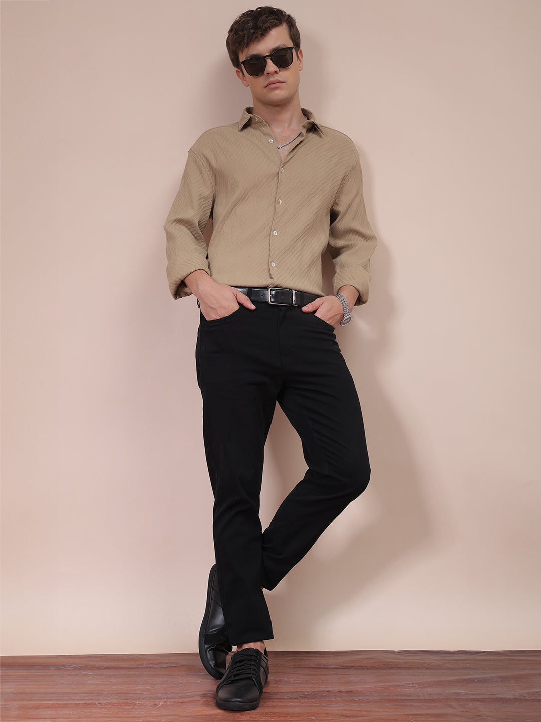 The Indian Garage Co Men's Khaki Slim Fit Textured Shirt - view 2