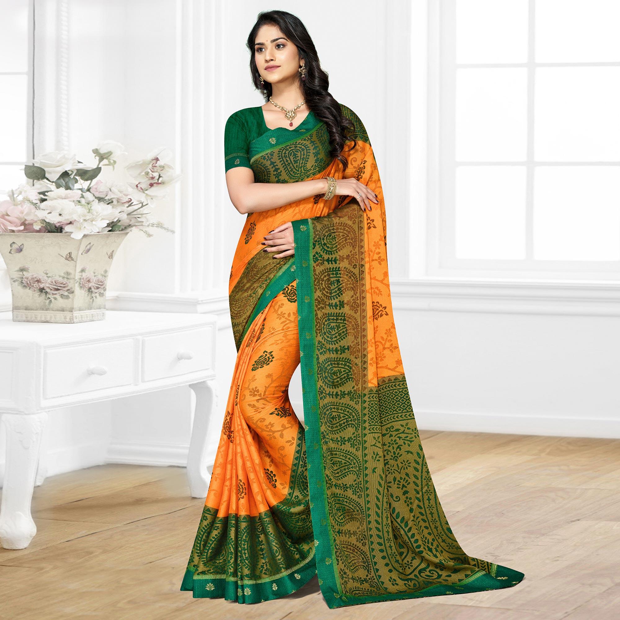 Peachmode Light Orange Casual Wear Printed Brasso Chiffon Saree