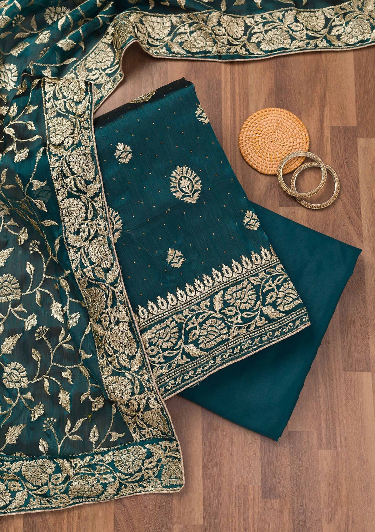 Koskii Peacock Blue Zariwork Semi Crepe Unstitched Salwar Suit