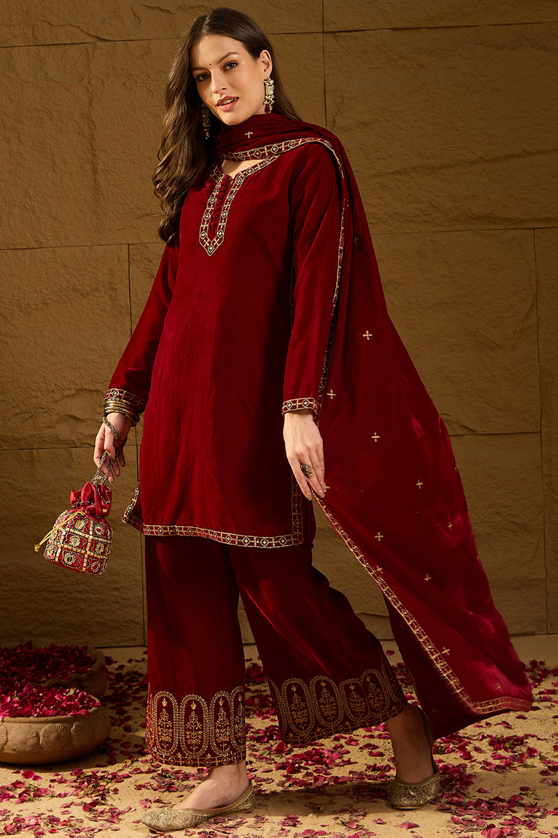 Ahika Red Velvet Solid Embroidered Straight Palazzo Suit Set PKSKD2275 - view 7