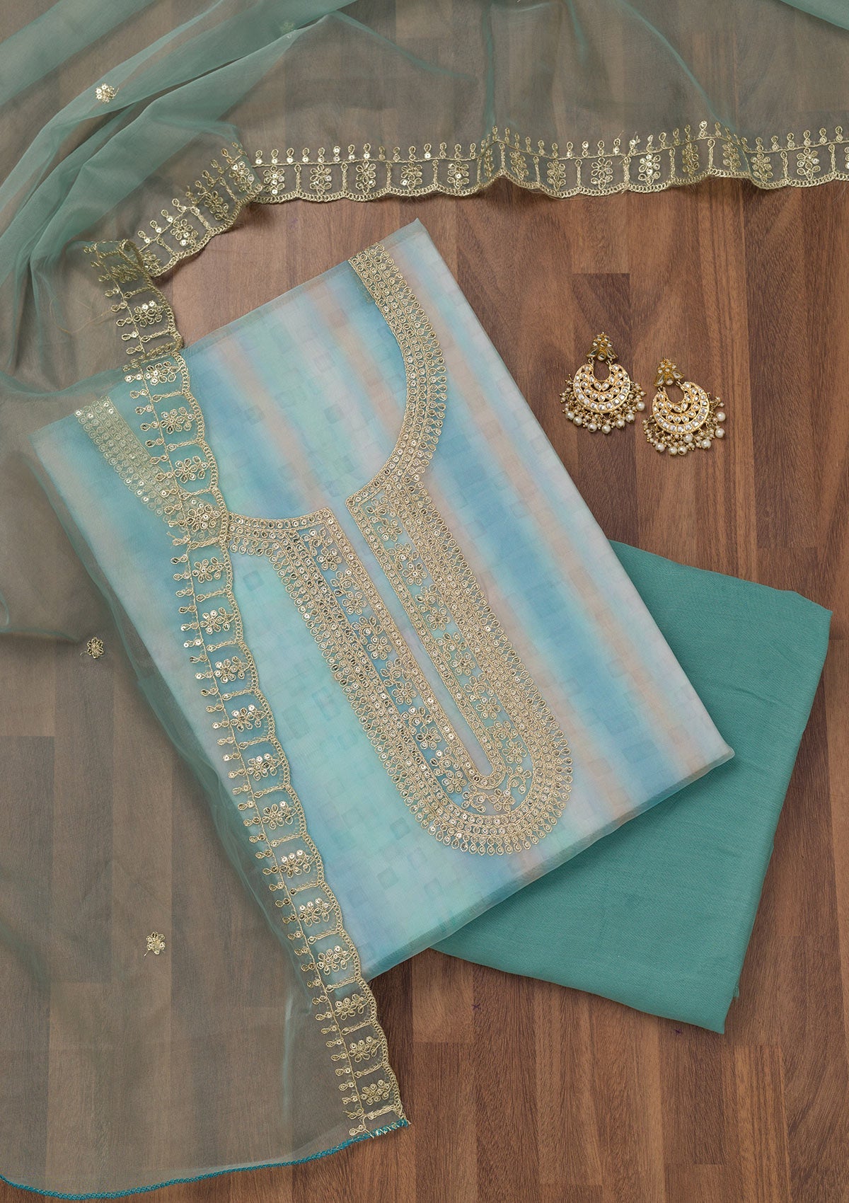Koskii Sky Blue Zariwork Semi Crepe Unstitched Salwar Suit