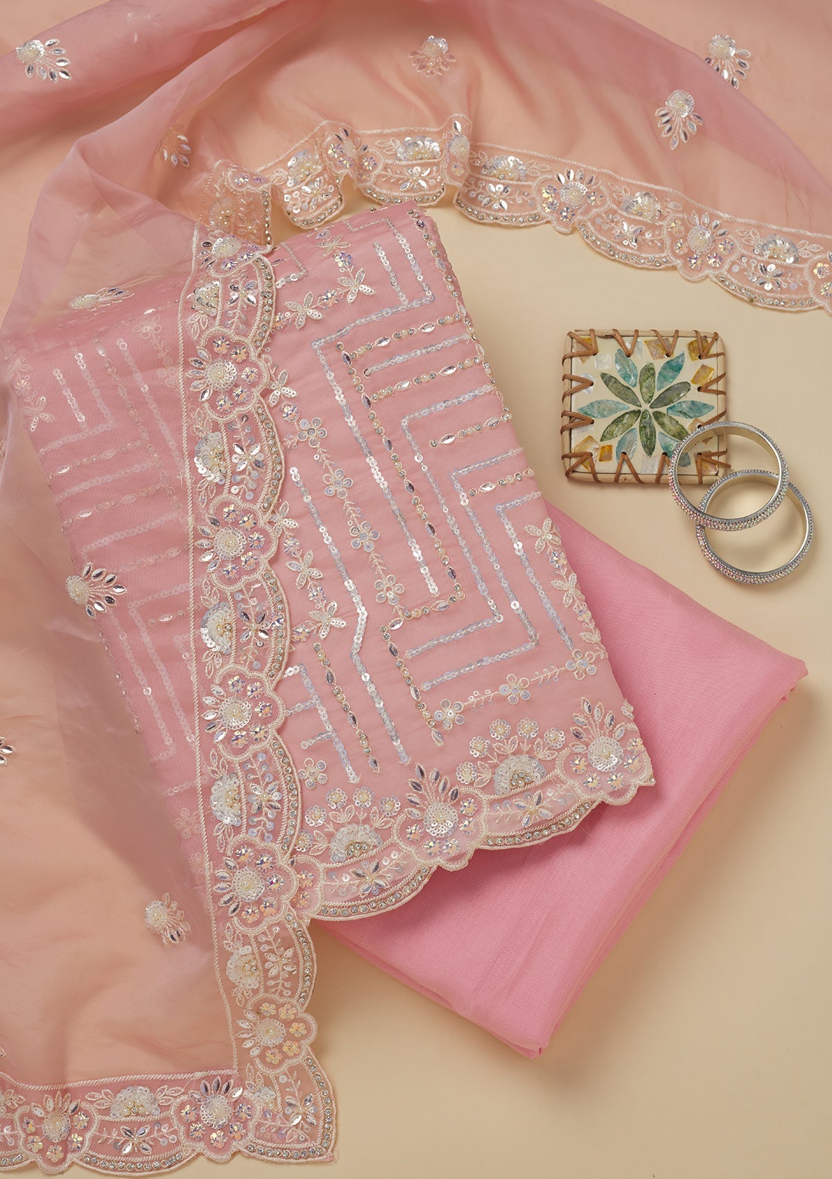 Koskii Peach Sequins Organza Unstitched Salwar Suit
