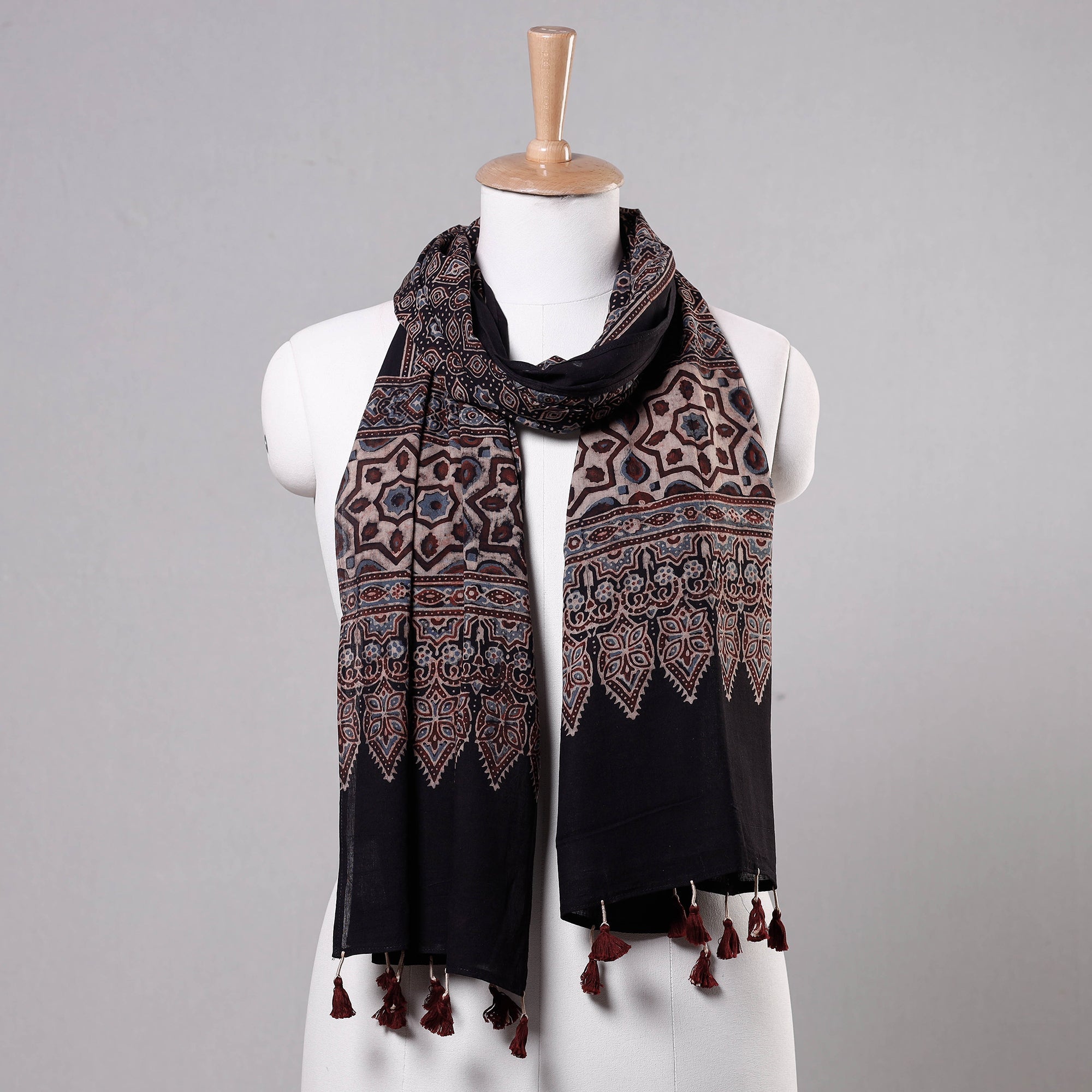 RIYAZ ABDULMAJID KHATRI - AJRAKH Black - Ajrakh Block Printed Mul Cotton Stole with Tassels