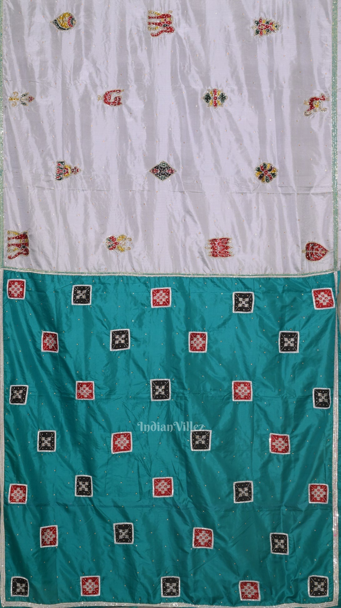 IndianVillèz Blue Cement Square Motif Pure Silk Hand Embroidered Saree