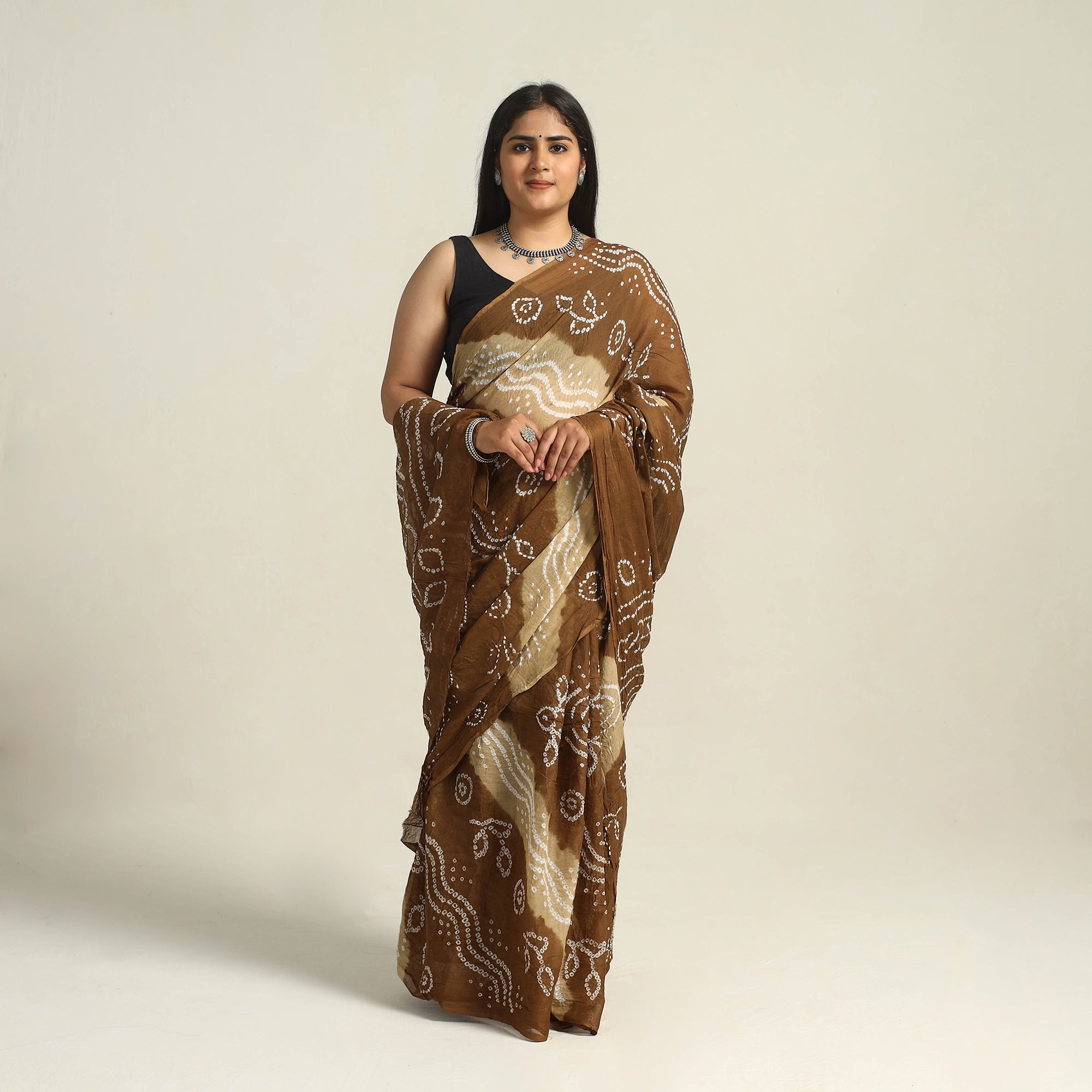 KACHCHH JI CHHAAP Brown - Kutch Bandhani Tie-Dye Cotton Saree with Blouse Piece