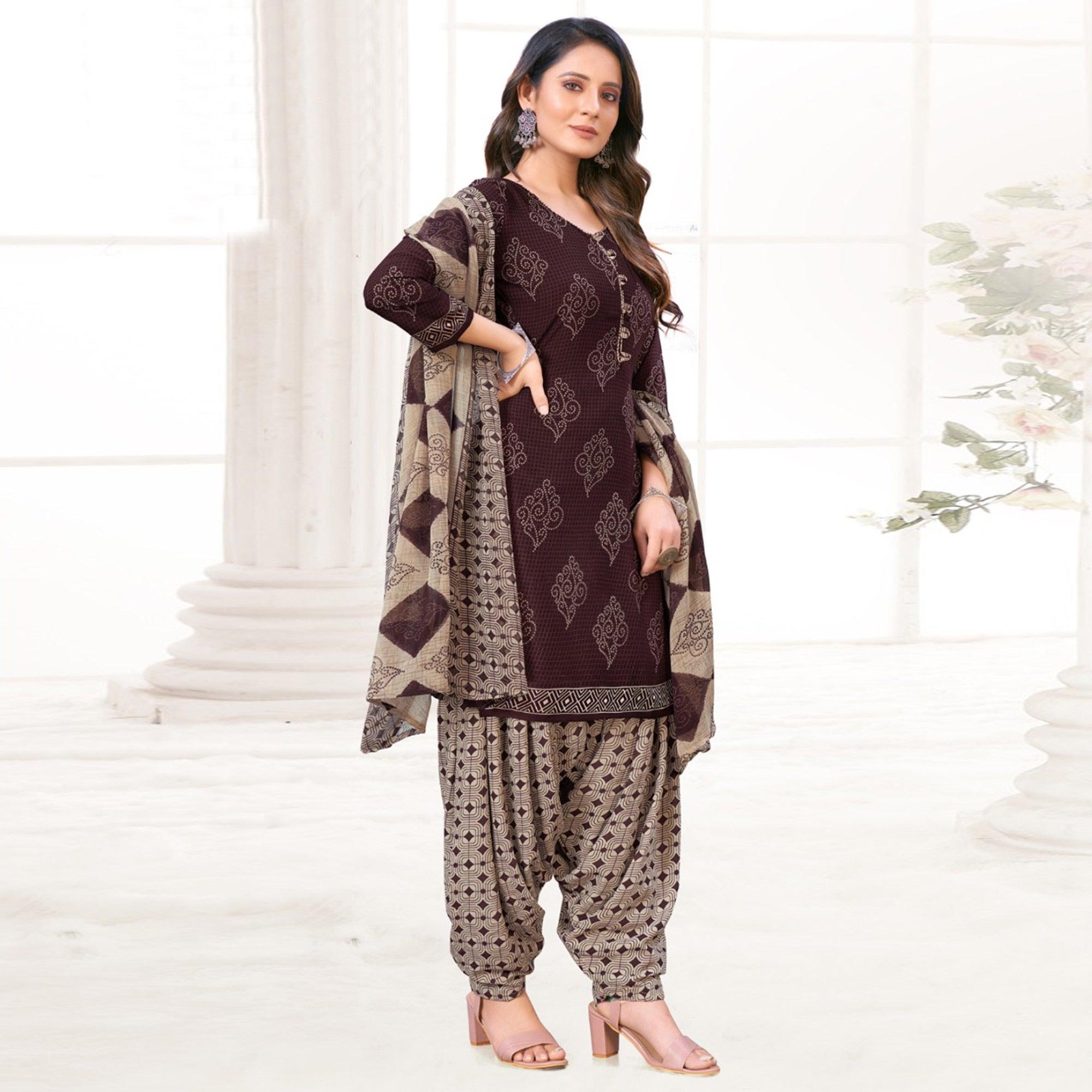 Peachmode Brown Printed Crepe Patiala Dress Material