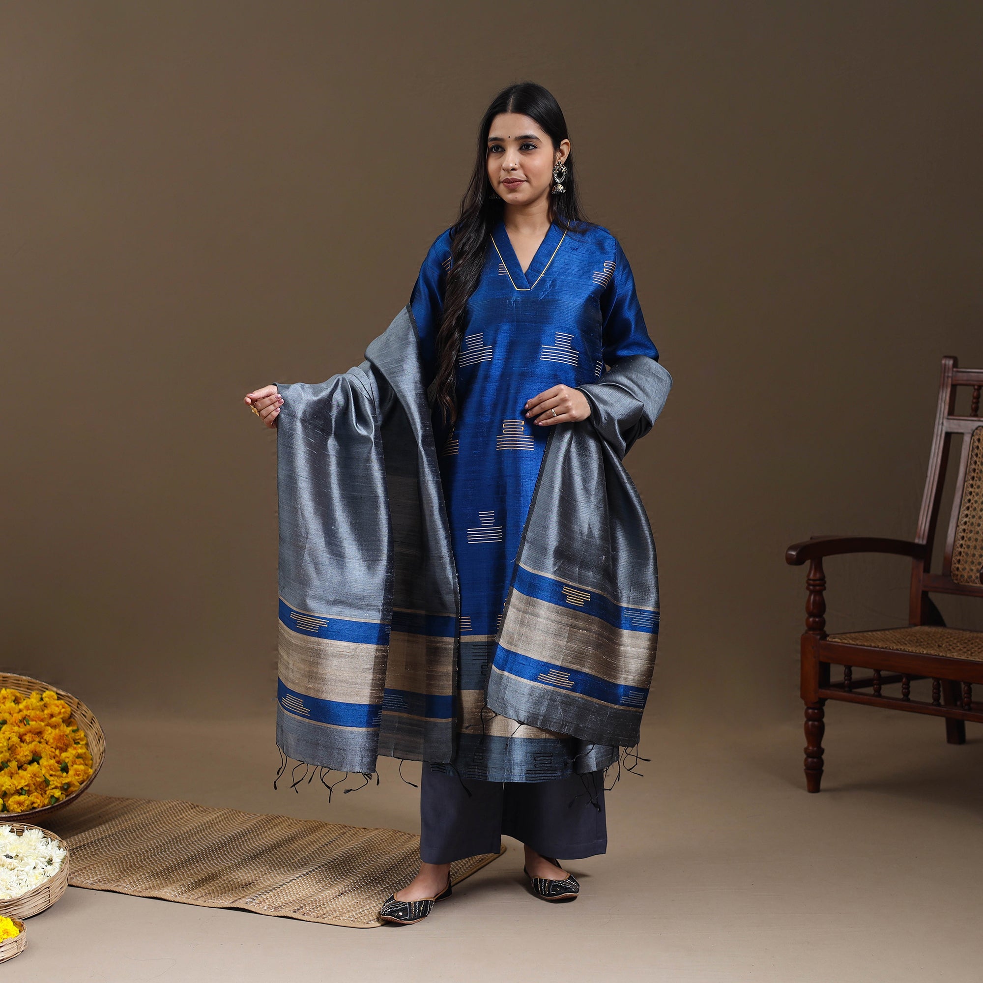 ITOKRI CASUALS Blue - Bhagalpuri Handloom Tussar Silk Suit Set 05 - view 2