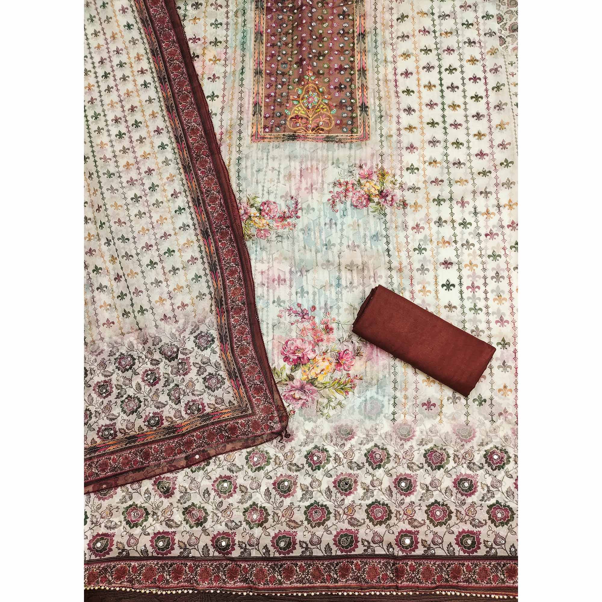 Peachmode Dark Rust Floral Digital Printed With Diamond Work Organza Dress Material - view 4