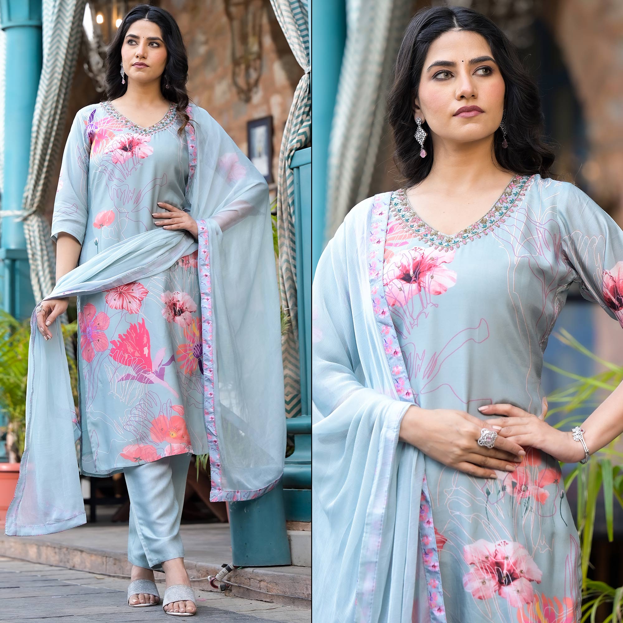 Peachmode Country Blue Floral Printed Viscose Salwar Suit With Beads Work