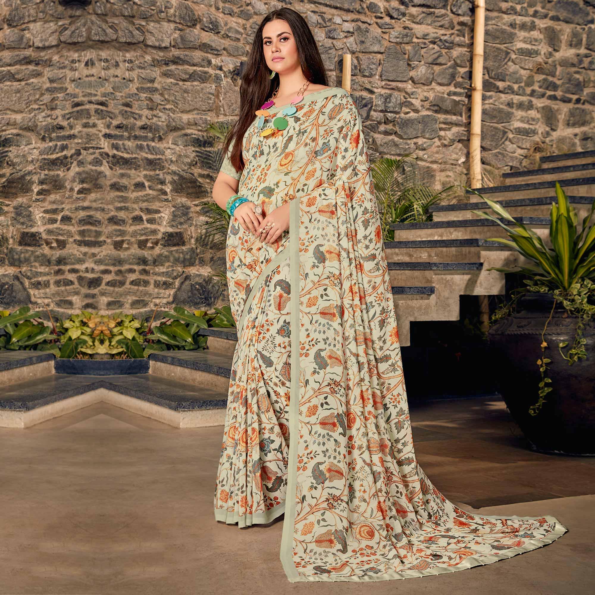 Peachmode Cream Casual Wear Floral Printed Georgette Saree