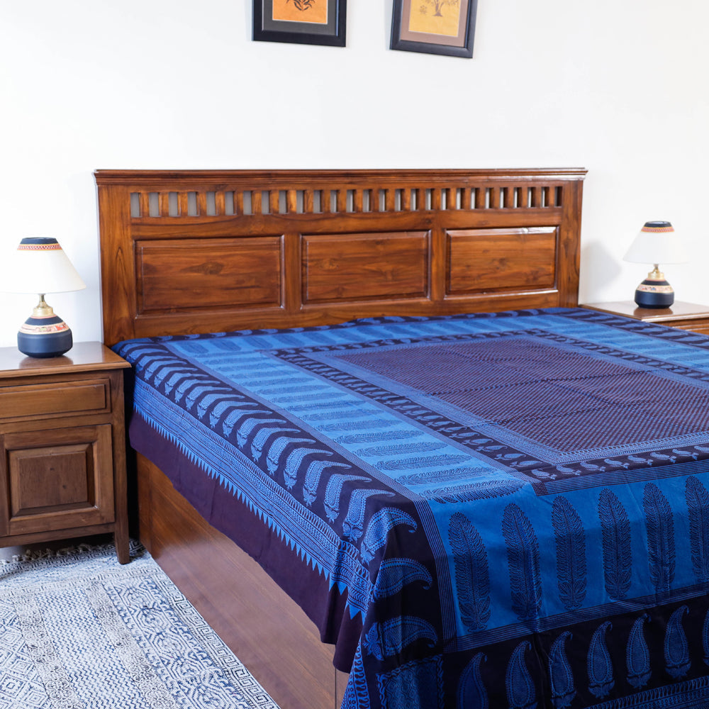 BAGH PRINTS BY UMAR FARUK KHATRI Blue - Bagh Block Printed Natural Dyed Pure Cotton Double Bed Cover (110 x 88 in)