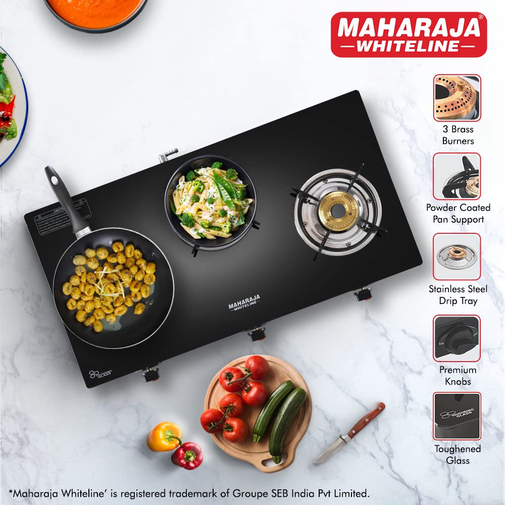 Maharaja Whiteline Belenus Neo 3 Burner Glass Top Gas Stove | Black - view 2