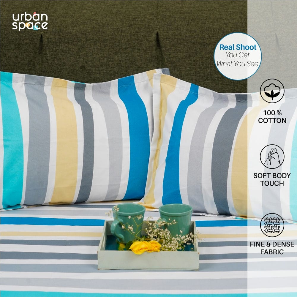 Urban Space -Home Furnishing Store Serene Collection - Breathable 200 TC 100% Pure Cotton Single Bedsheet with Pillow Cover, MultiColour Stripes - Blu - view 3