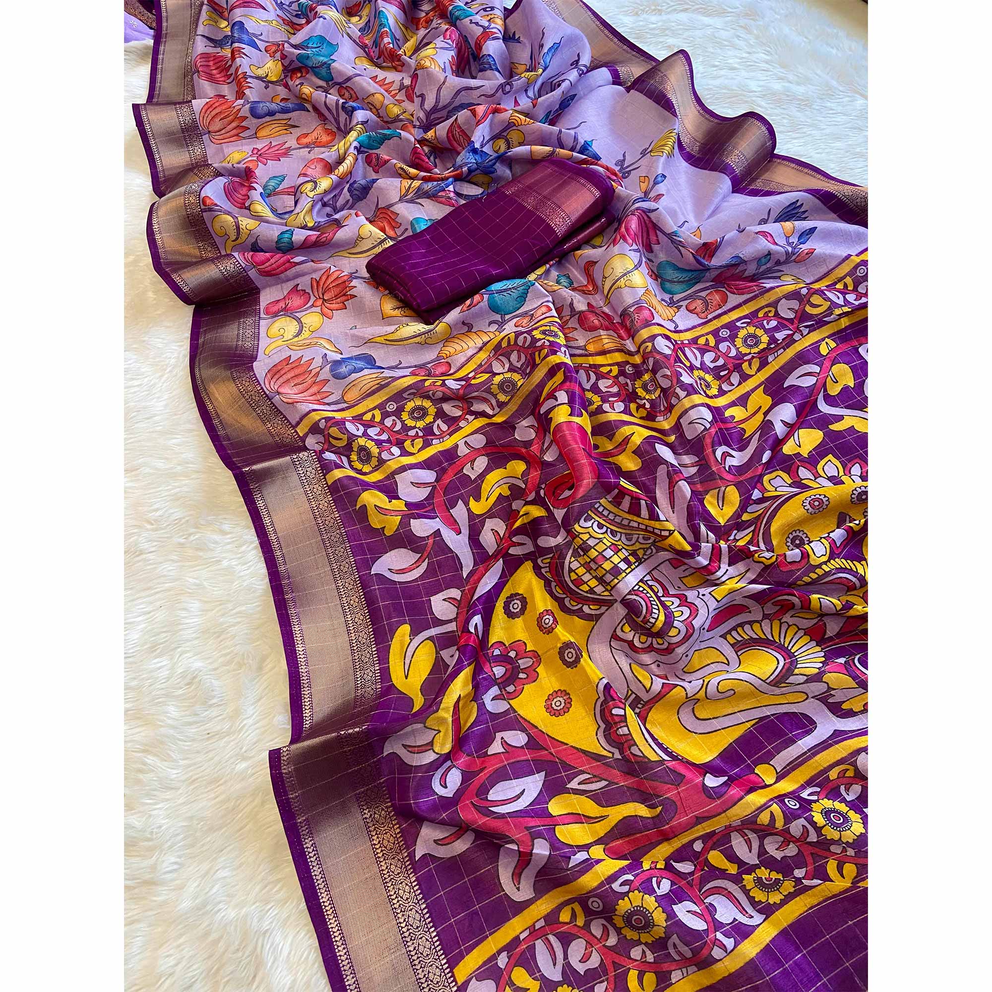 Peachmode Lavender Floral Printed Dola Silk Saree With Zari Border - view 6