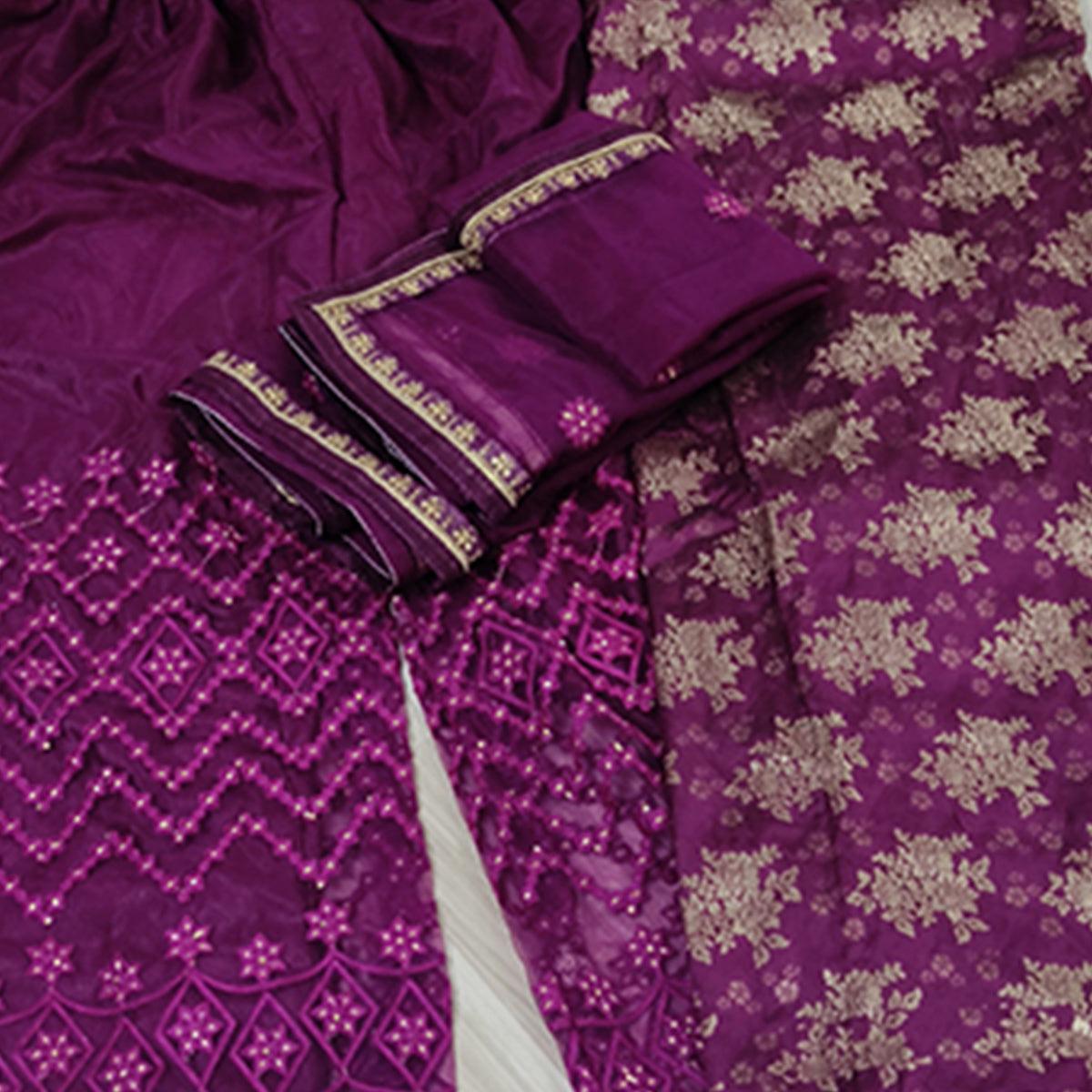 Peachmode Breathtaking Purple Colored designer Partywear Embroidered Dola Jacquard Palazzo Suit - view 3