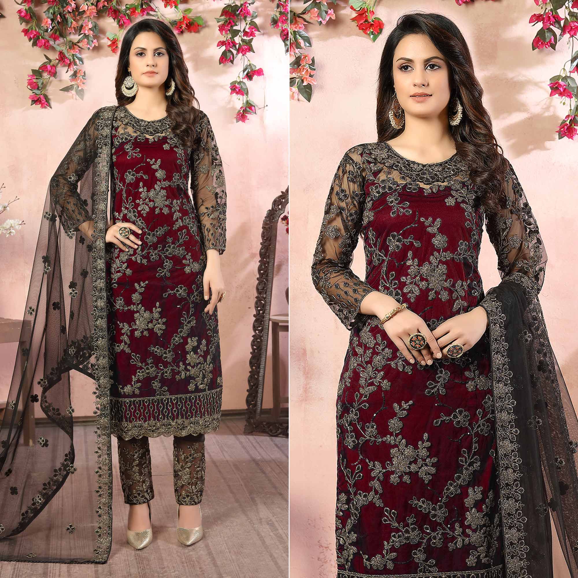 Peachmode Maroon Floral Embroidered Net Semi Stitched Suit