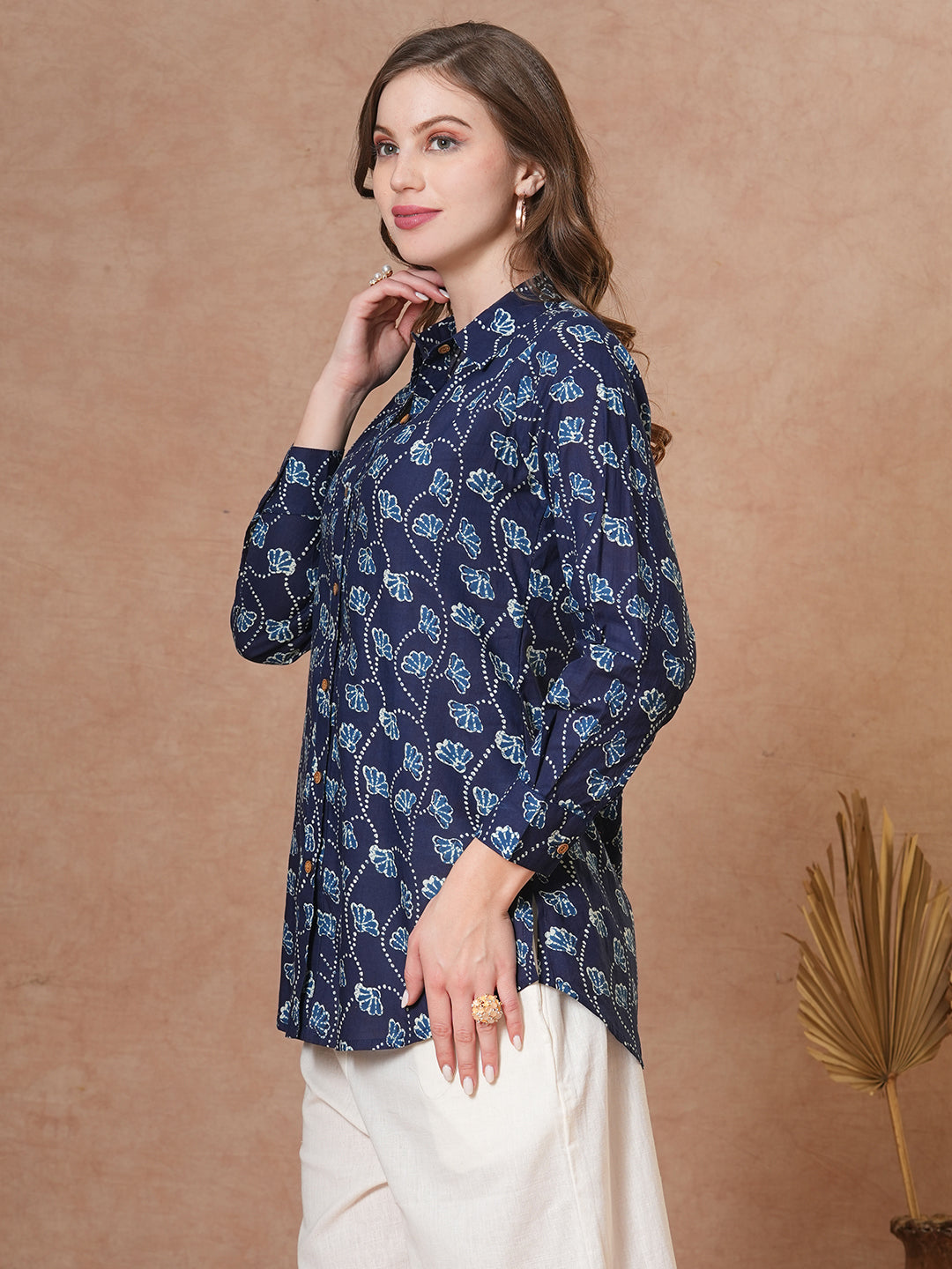 FASHOR Ethnic Floral Printed Straight Fit Shirt with Palazzo - Blue - view 4