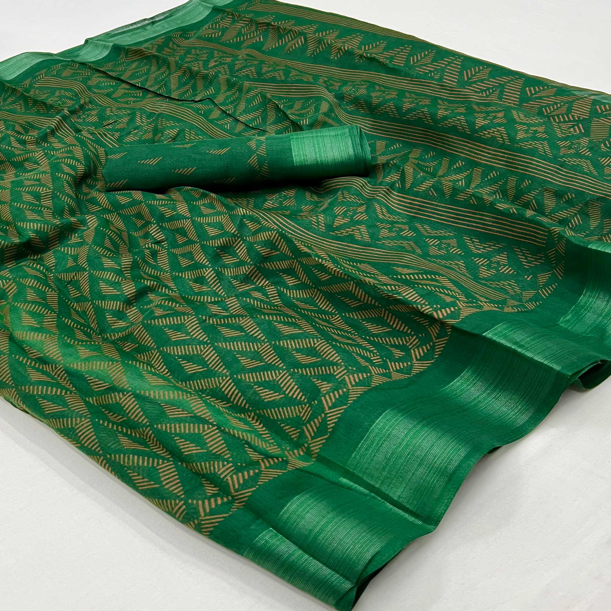 Peachmode Dark Green Printed Cotton Blend Saree