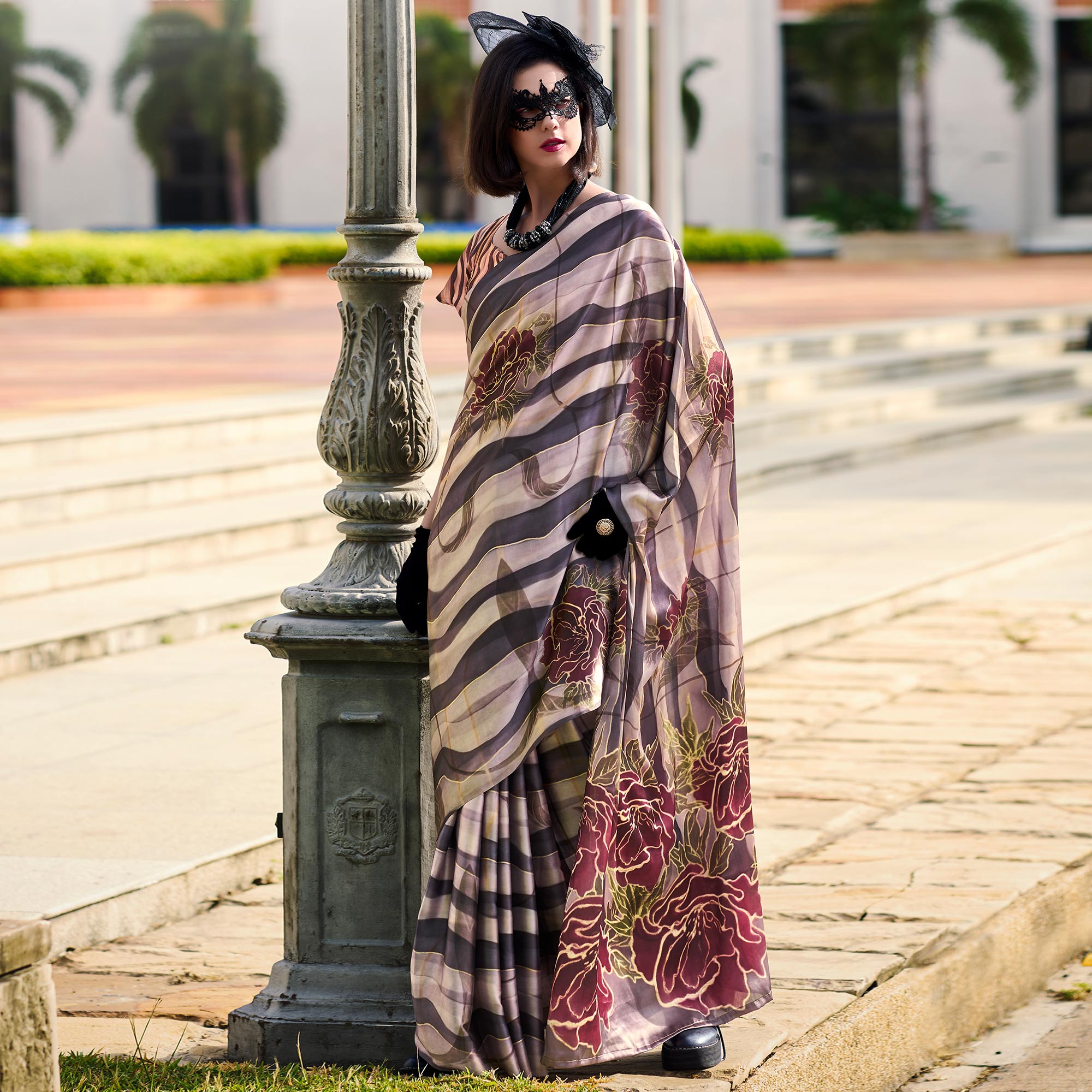 Peachmode Coffee Brown Floral Digital Printed Pure Satin Saree - view 2