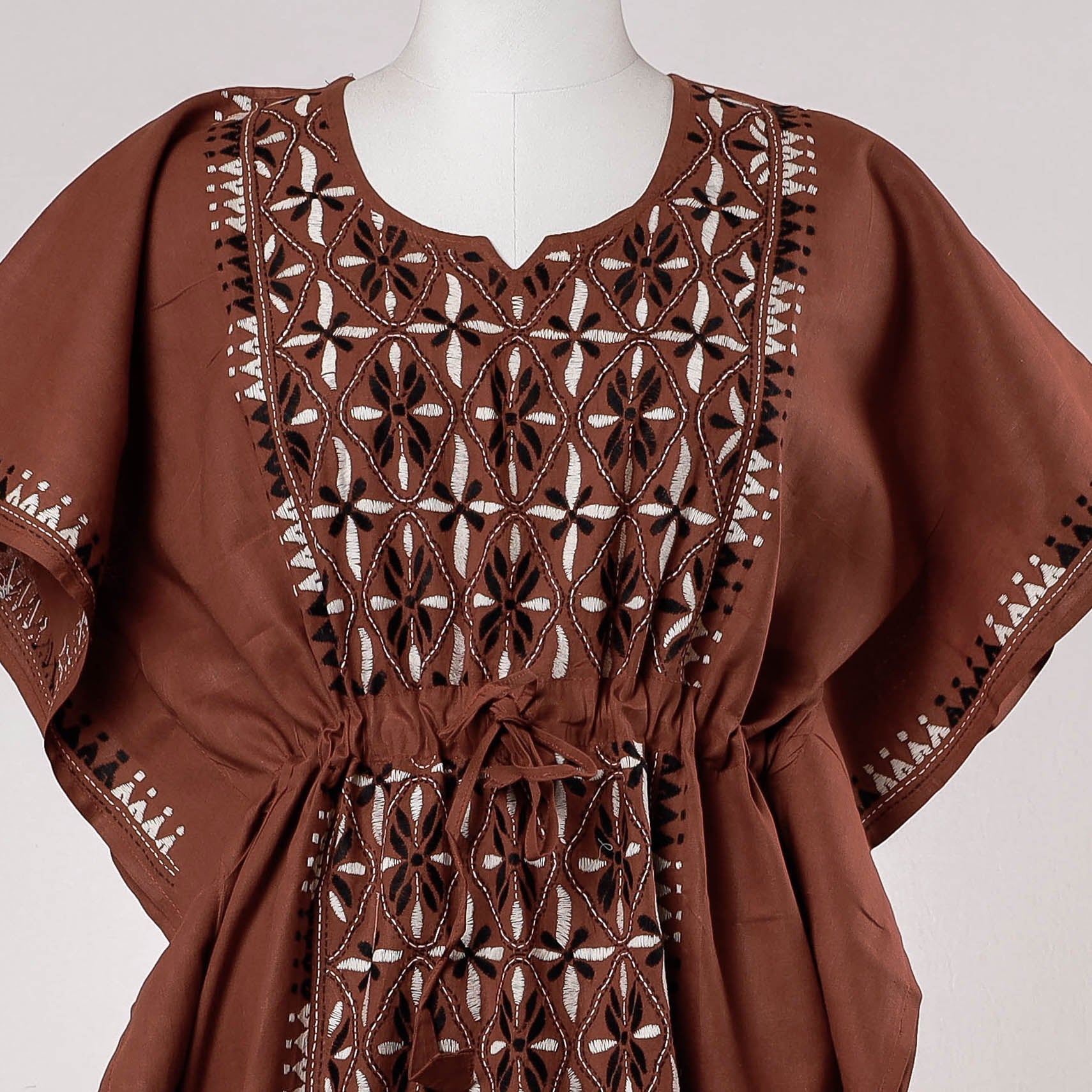 ASALKAAR Brown - Bengal Kantha Embroidery Cotton Kaftan with Tie-Up Waist (Long) - view 2