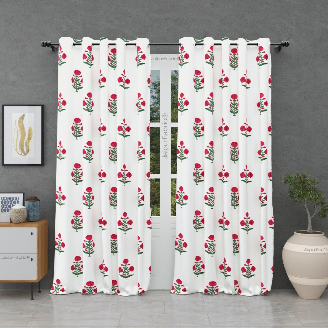 JaipurFabric® Ocean Enclave Handblock Red Flowers and Green Leaves Curtains
