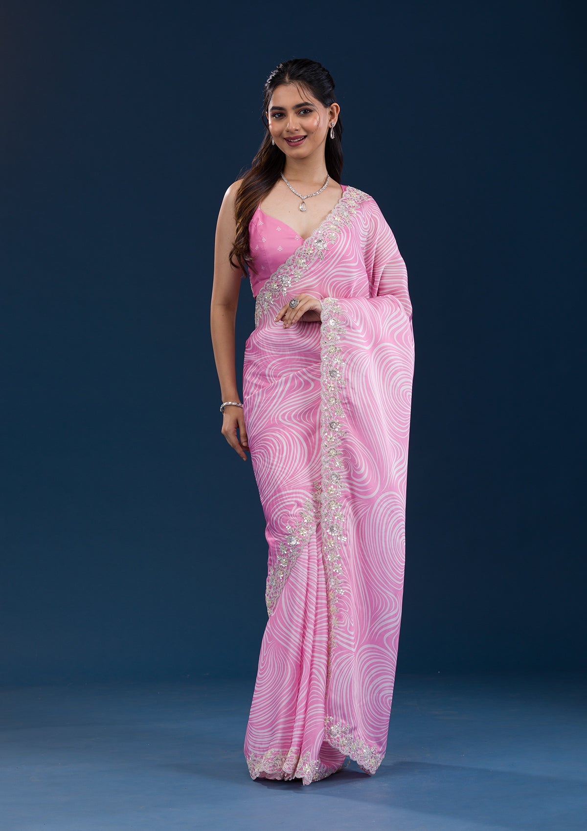 Koskii Pink Printed Georgette Saree – Women's