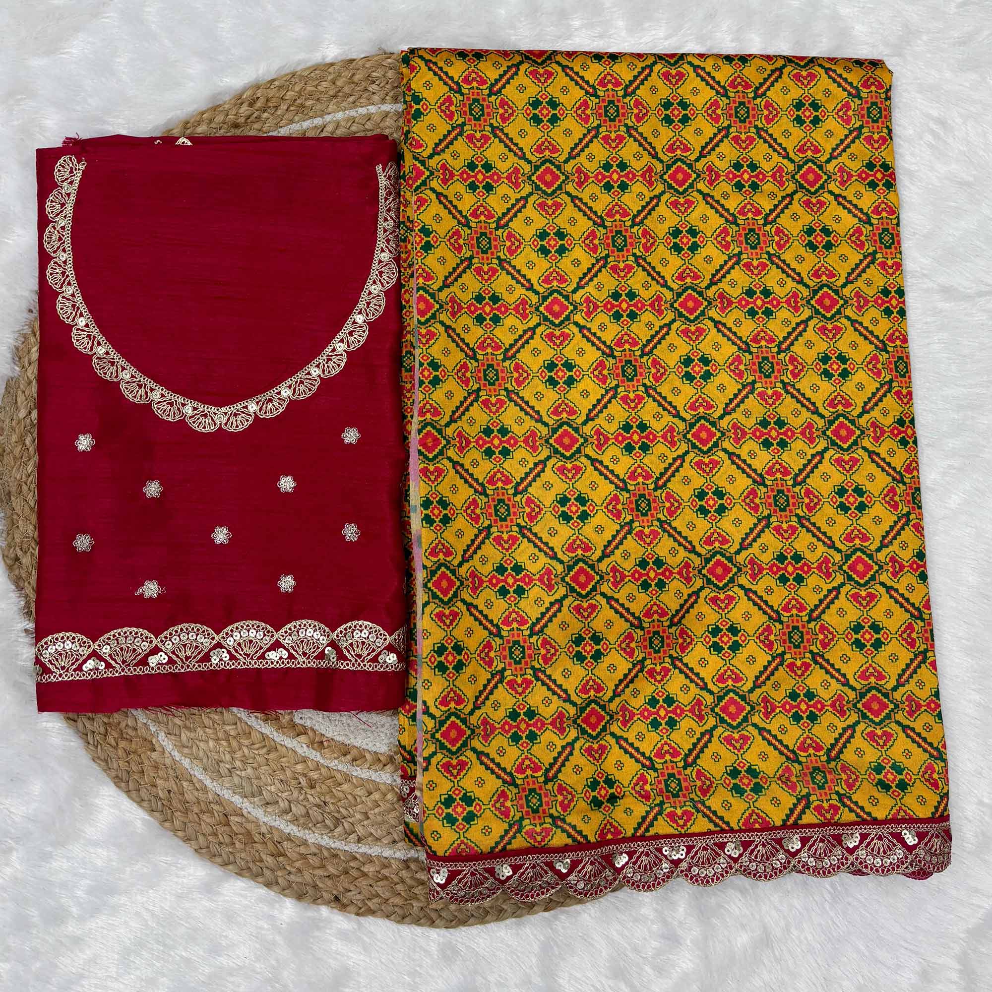 Peachmode Mustard Printed Patola Tussar Silk Saree - view 3