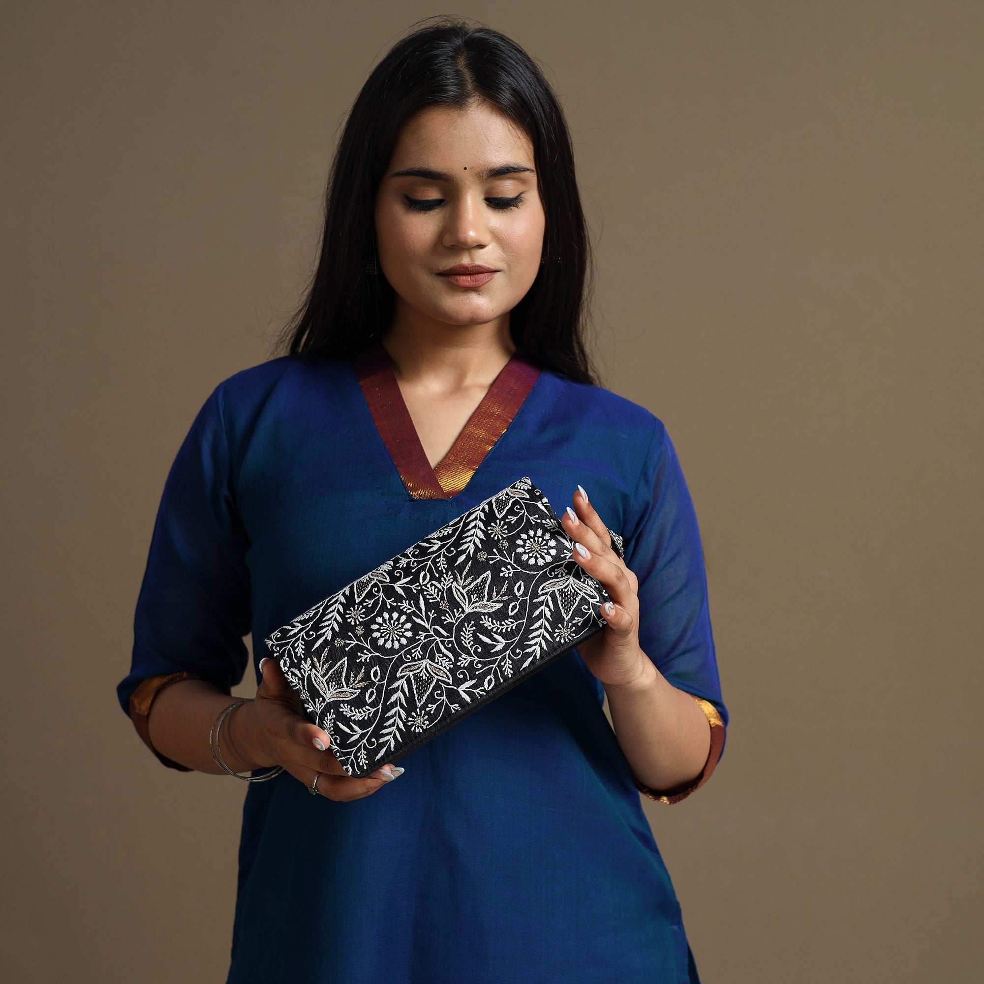 LAVANGG Black - Chikankari Hand Embroidery Tussar Silk Clutch / Sling Bag 09