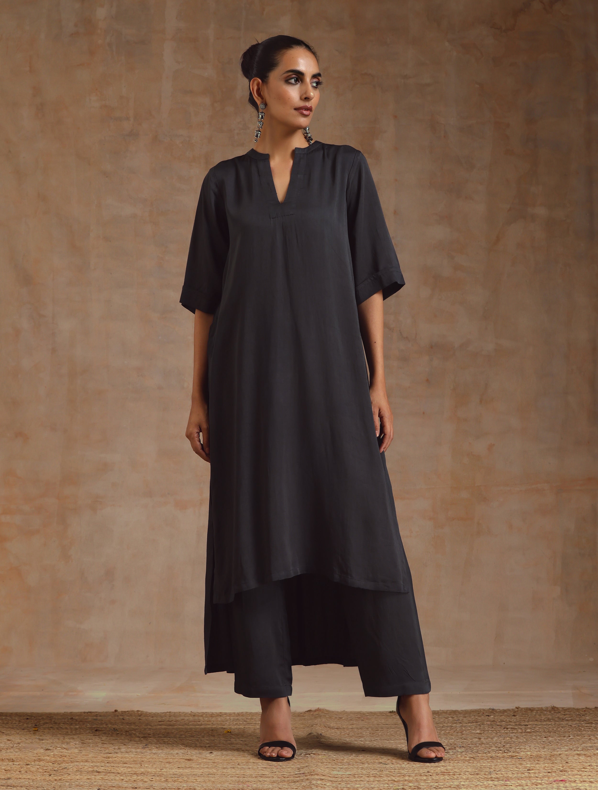 Grey Modal Satin High-Low Relax Kurta Set | Relove - view 2