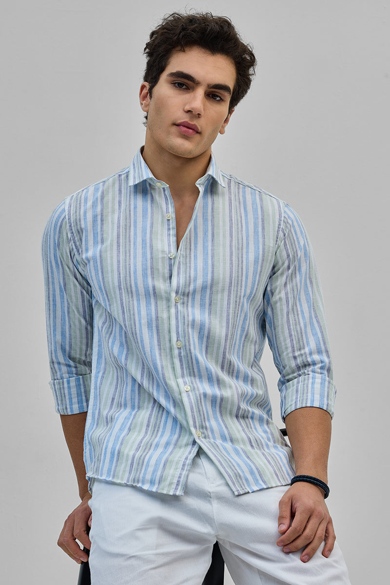 SNITCH Light Green Stripes Slim Fit Shirt
