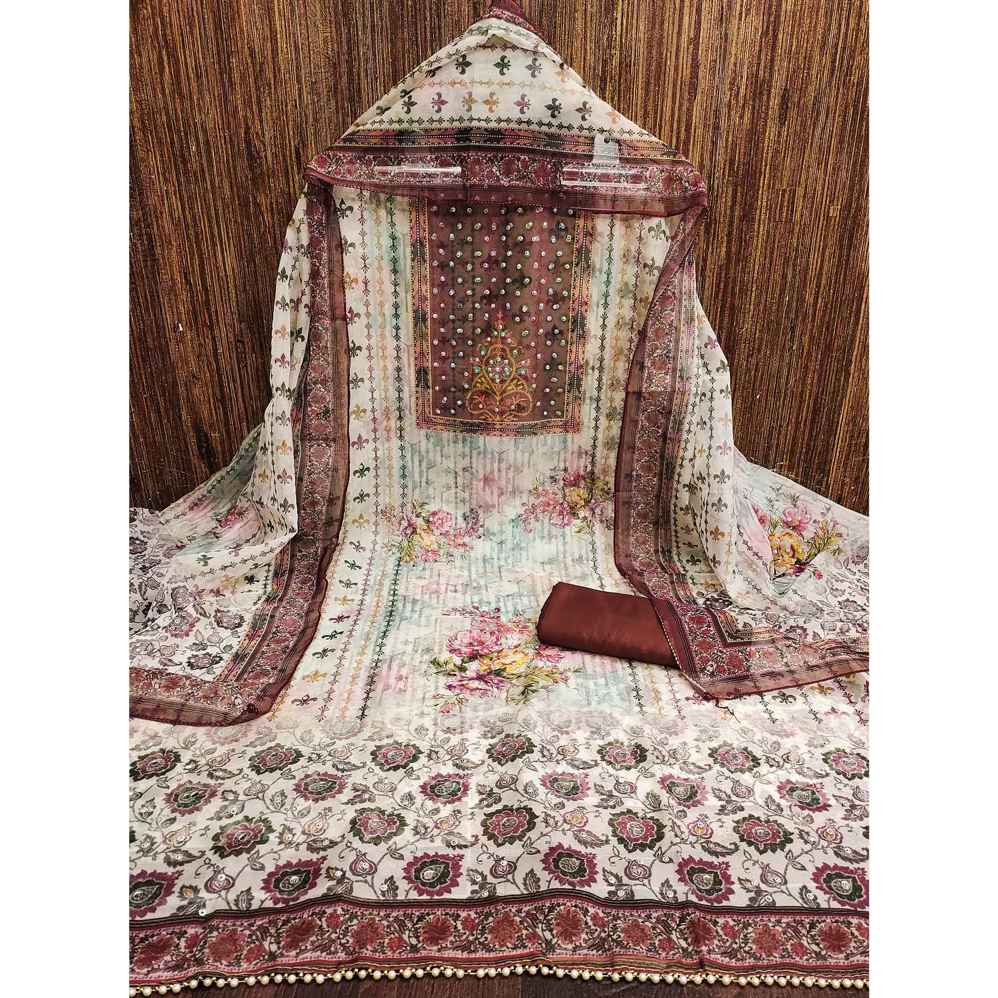 Peachmode Dark Rust Floral Digital Printed With Diamond Work Organza Dress Material - view 3