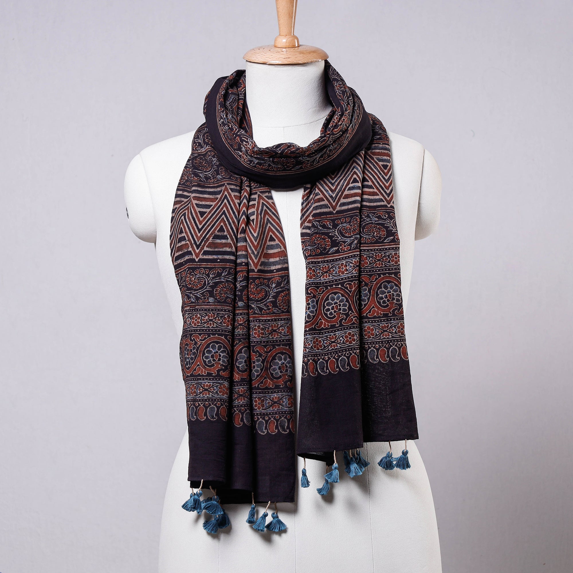 AJRAKH BY JABBAR KHATRI Black - Ajrakh Block Printed Mul Cotton Stole with Tassels