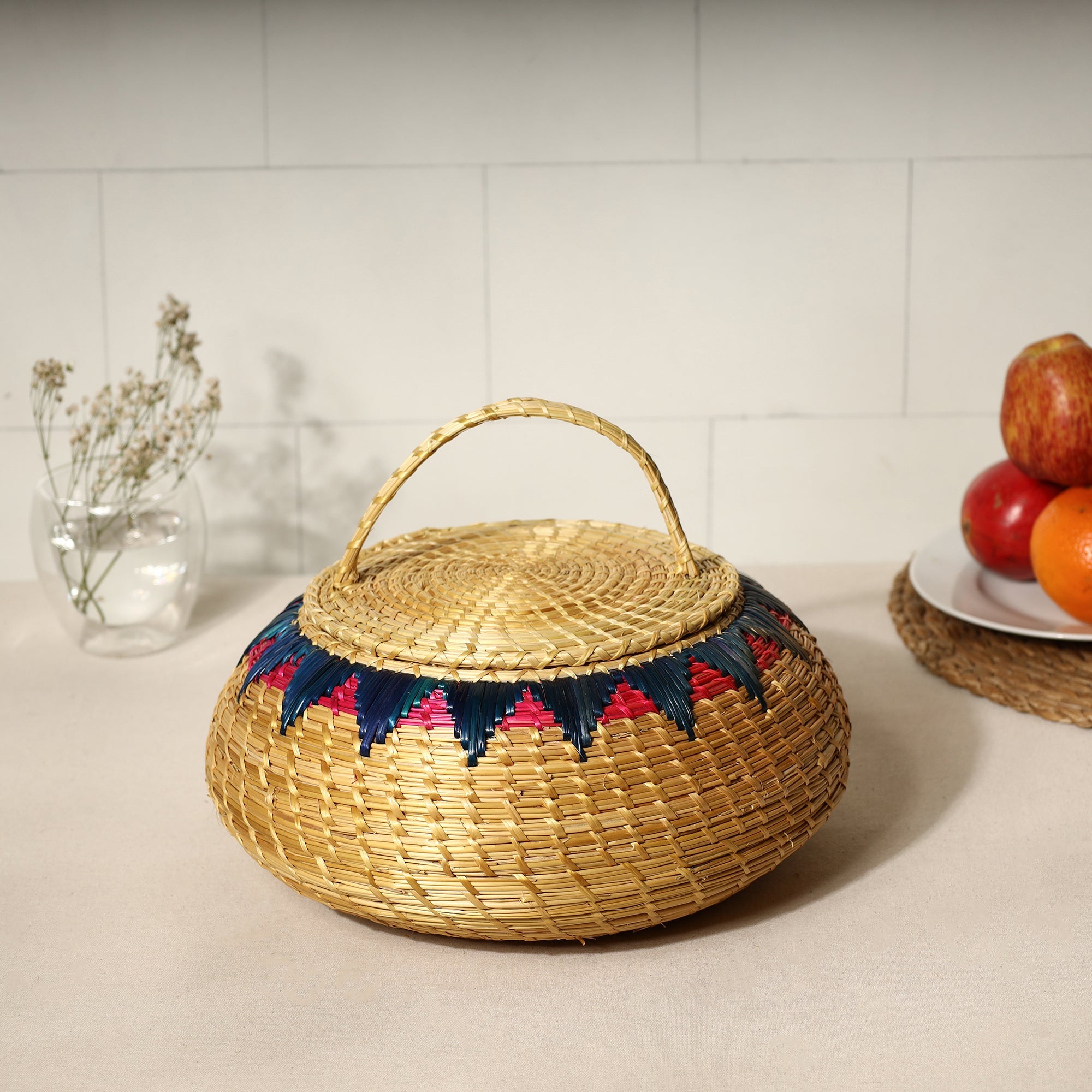 ITOKRI CRAFTS INITIATIVE Beige - Handmade Sikki Grass Multipurpose Basket with Lid (Big)