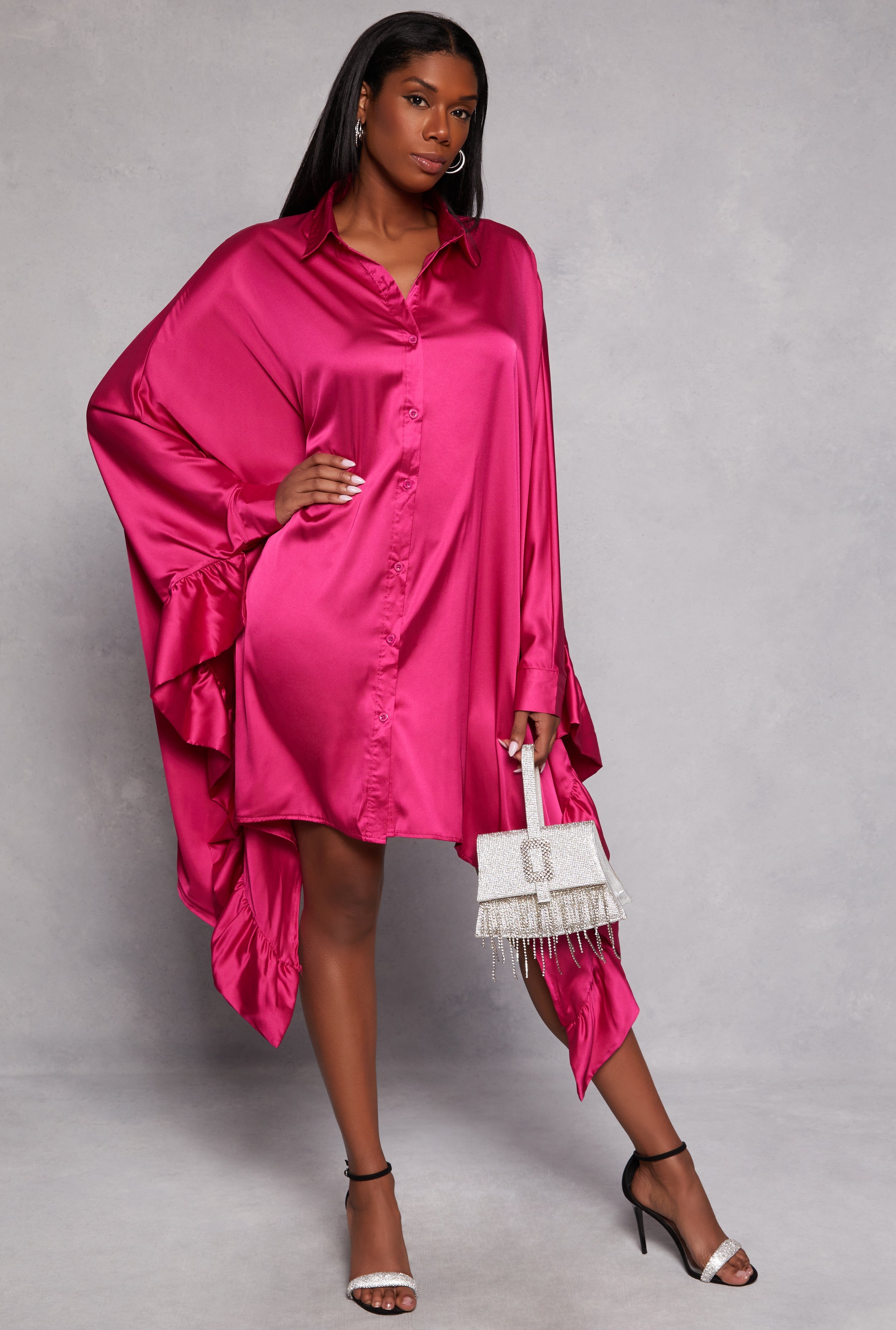 Rainbow Shops Satin Oversized Ruffled Batwing Shirt Dress