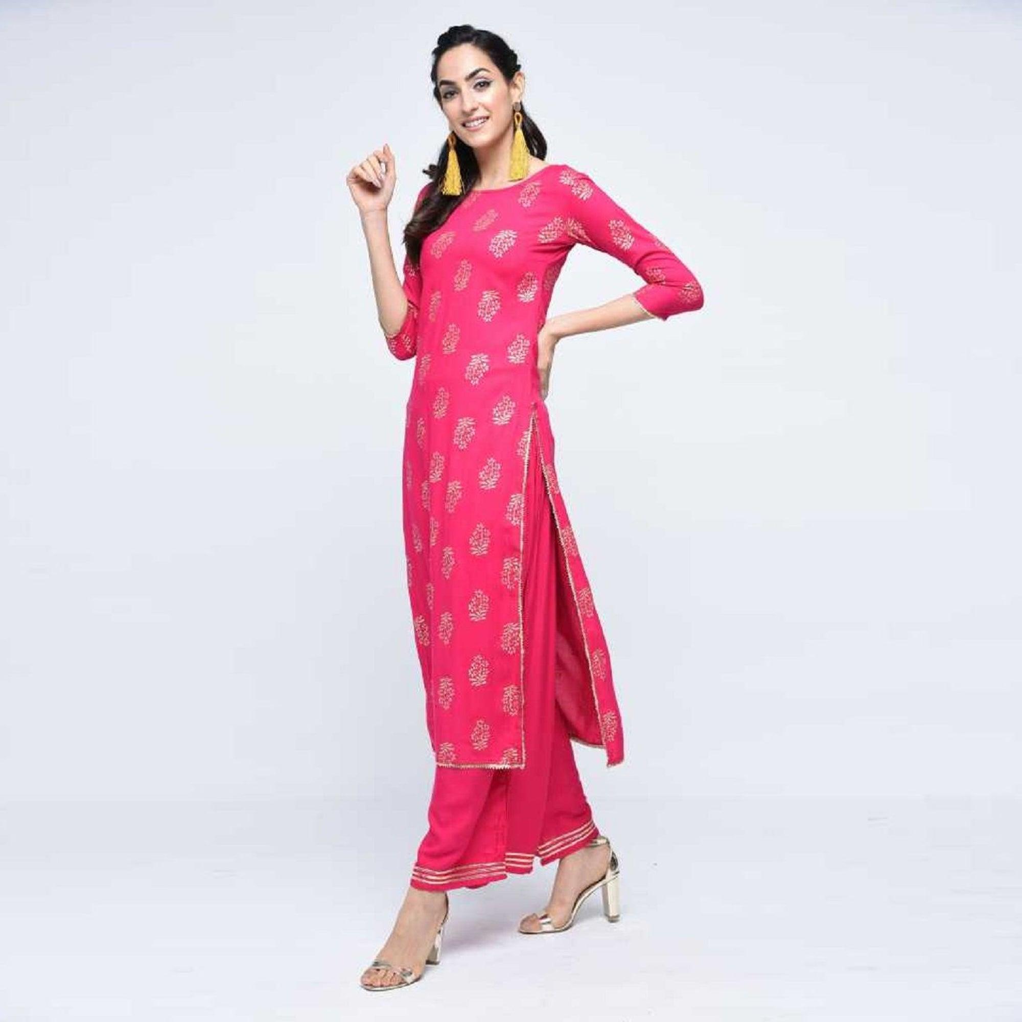 Peachmode Glorious Pink Colored Casual Wear Printed Straight Calf Length Rayon Kurti