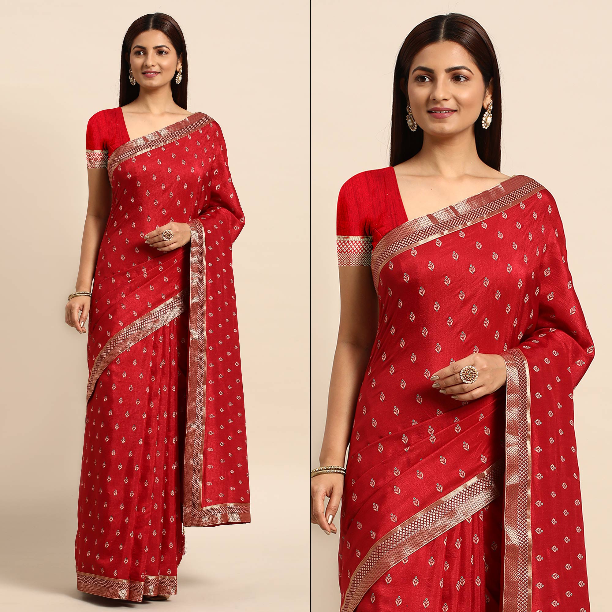Peachmode Maroon Floral Printed Vichitra Silk Saree With Tassels