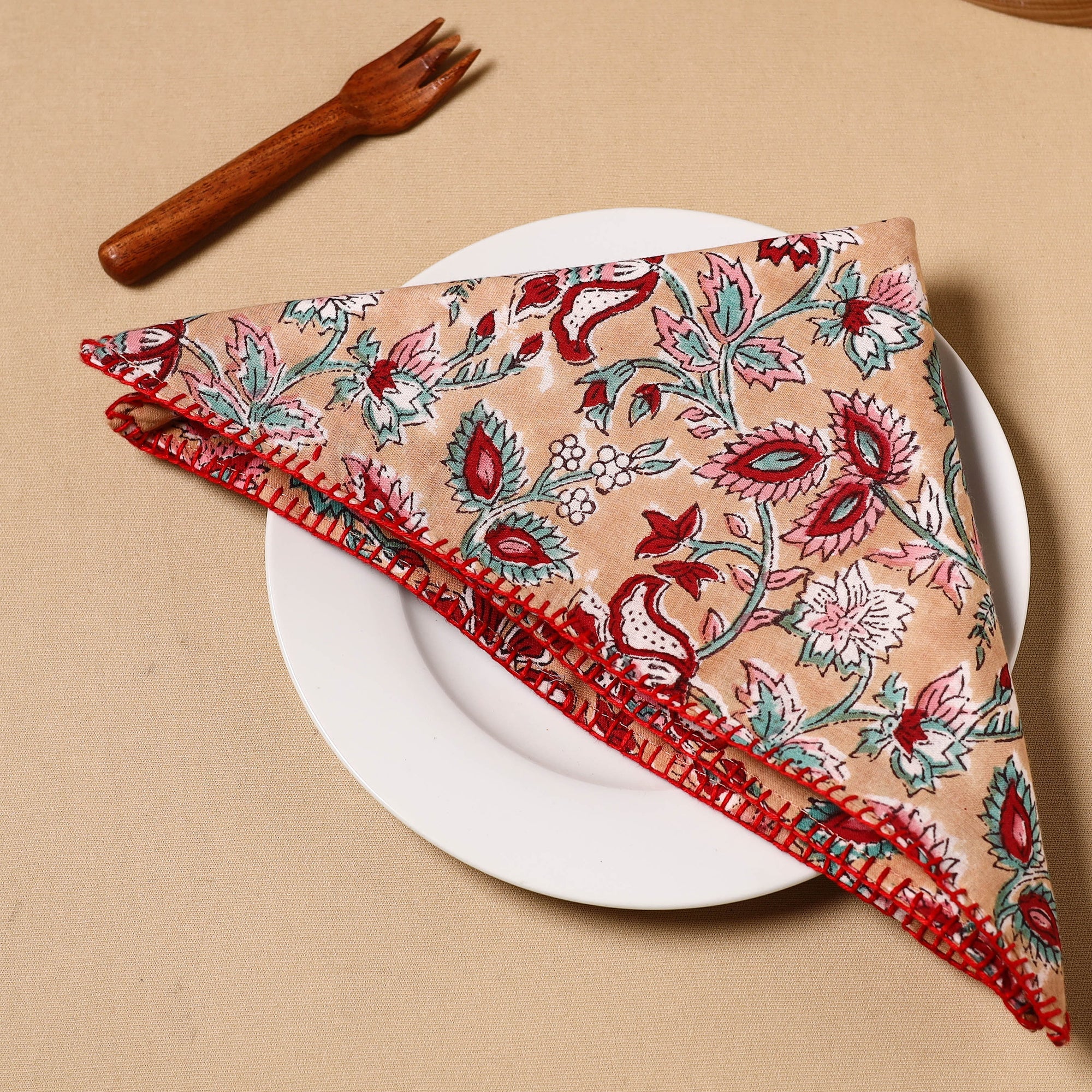NOORI BAZAR Brown - Floral Block Print Cotton Hand Embroidery Table Napkin 13 - view 2